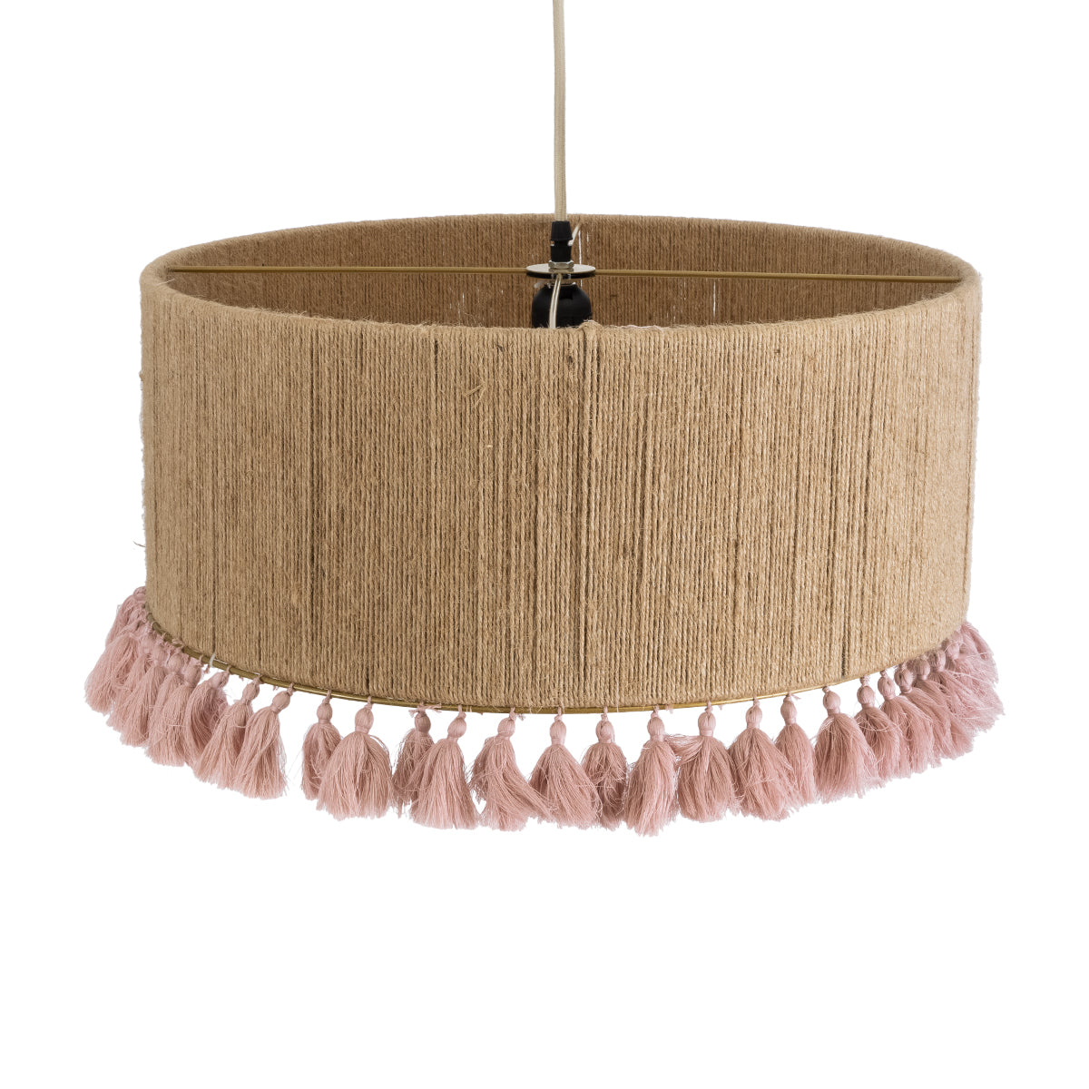 GloboStar® PUERTORICO 02096 Boho Κρεμαστό Φωτιστικό Οροφής Μονόφωτο 1 x E27 AC220-240V IP20 - Φ50 x Υ27cm - Μπεζ με Ροζ Λεπτό Νήμα Πλέγμα Βαμβακερό Καπέλο - 5 Χρόνια Εγγύηση - ledmania.gr