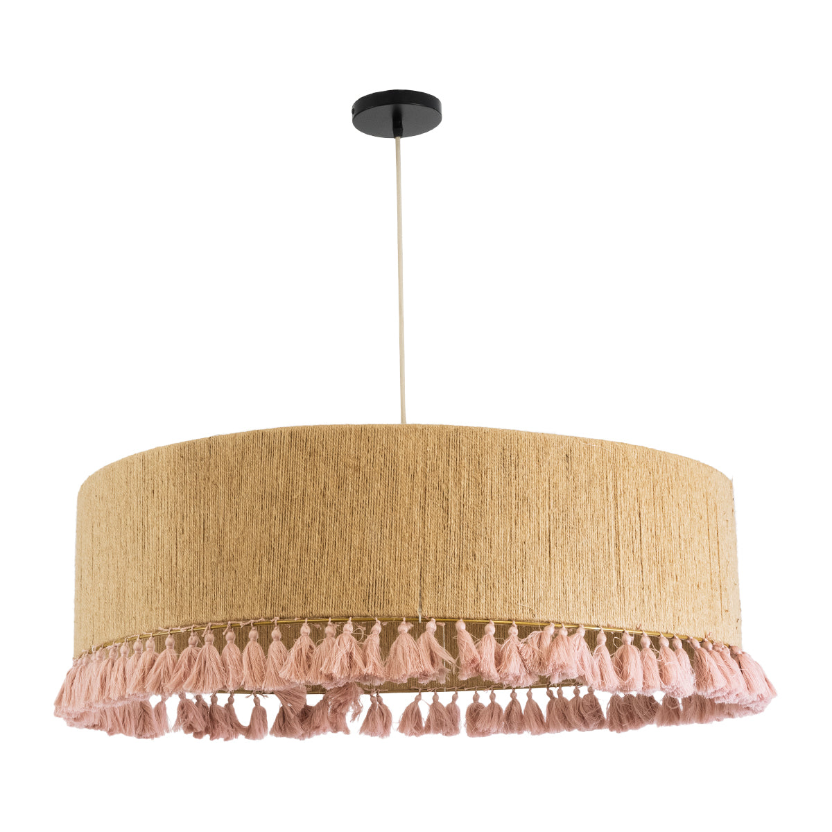 GloboStar® PUERTORICO 02097 Boho Κρεμαστό Φωτιστικό Οροφής Τρίφωτο 3 x E27 AC220-240V IP20 - Φ80 x Υ27cm - Μπεζ με Ροζ Λεπτό Νήμα Πλέγμα Βαμβακερό Καπέλο - 5 Χρόνια Εγγύηση - ledmania.gr