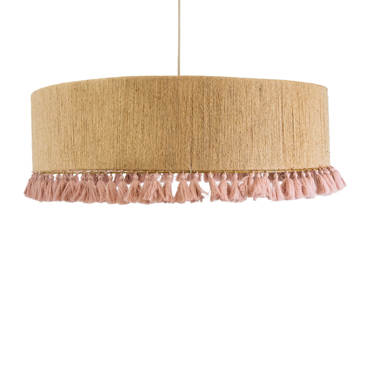 GloboStar® PUERTORICO 02097 Boho Κρεμαστό Φωτιστικό Οροφής Τρίφωτο 3 x E27 AC220-240V IP20 - Φ80 x Υ27cm - Μπεζ με Ροζ Λεπτό Νήμα Πλέγμα Βαμβακερό Καπέλο - 5 Χρόνια Εγγύηση - ledmania.gr
