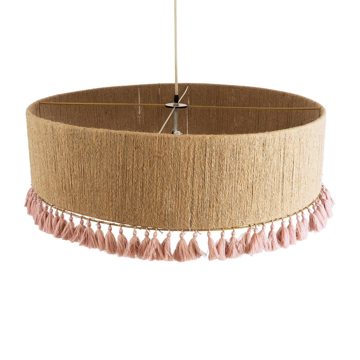 GloboStar® PUERTORICO 02097 Boho Κρεμαστό Φωτιστικό Οροφής Τρίφωτο 3 x E27 AC220-240V IP20 - Φ80 x Υ27cm - Μπεζ με Ροζ Λεπτό Νήμα Πλέγμα Βαμβακερό Καπέλο - 5 Χρόνια Εγγύηση - ledmania.gr
