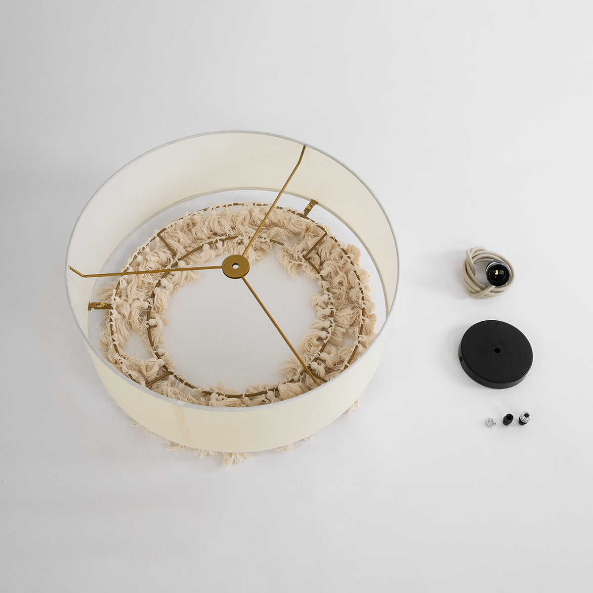 GloboStar® GINGER 02100 Boho Κρεμαστό Φωτιστικό Οροφής Μονόφωτο 1 x E27 AC220-240V IP20 - Φ50 x Υ25cm - Μπεζ Υφασμάτινο με Μπεζ Λεπτό Νήμα Πλέγμα Βαμβακερό Καπέλο - 5 Χρόνια Εγγύηση - ledmania.gr