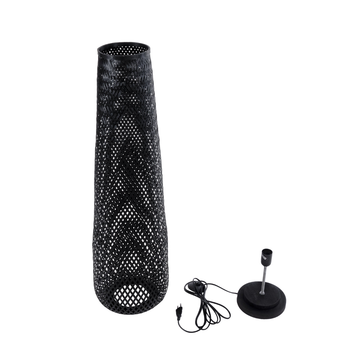 GloboStar® MAMIZU 02110 Boho Επιδαπέδιο Φωτιστικό Μονόφωτο 1 x E27 AC220-240V IP20 - Φ28 x Υ93cm - Μαύρο Ξύλινο Ρατάν Πλέγμα - 5 Χρόνια Εγγύηση - ledmania.gr