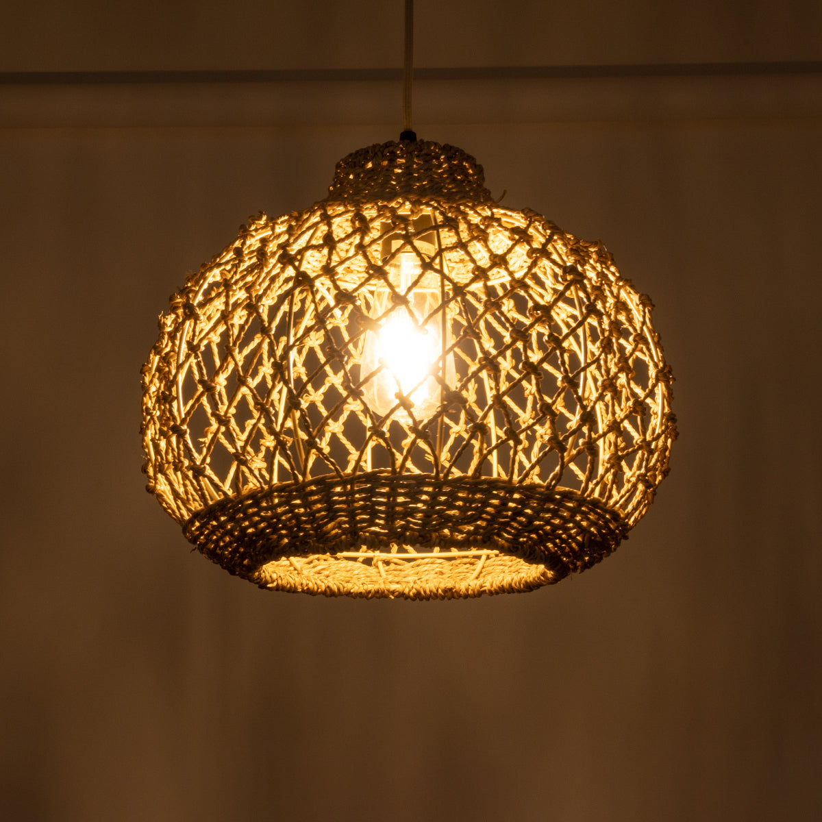 GloboStar® ECUADOR 02115 Boho Κρεμαστό Φωτιστικό Οροφής Μονόφωτο 1 x E27 AC220-240V IP20 - Φ35 x Υ28cm - Μπεζ Seagrass - Φύκι Πλέγμα Καμπάνα - 5 Χρόνια Εγγύηση - ledmania.gr