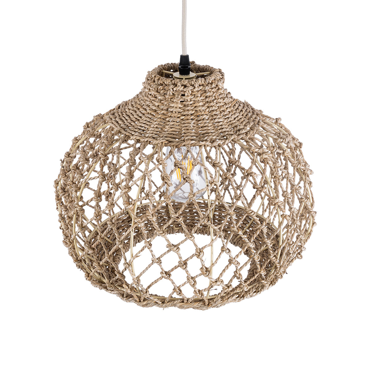GloboStar® ECUADOR 02115 Boho Κρεμαστό Φωτιστικό Οροφής Μονόφωτο 1 x E27 AC220-240V IP20 - Φ35 x Υ28cm - Μπεζ Seagrass - Φύκι Πλέγμα Καμπάνα - 5 Χρόνια Εγγύηση - ledmania.gr