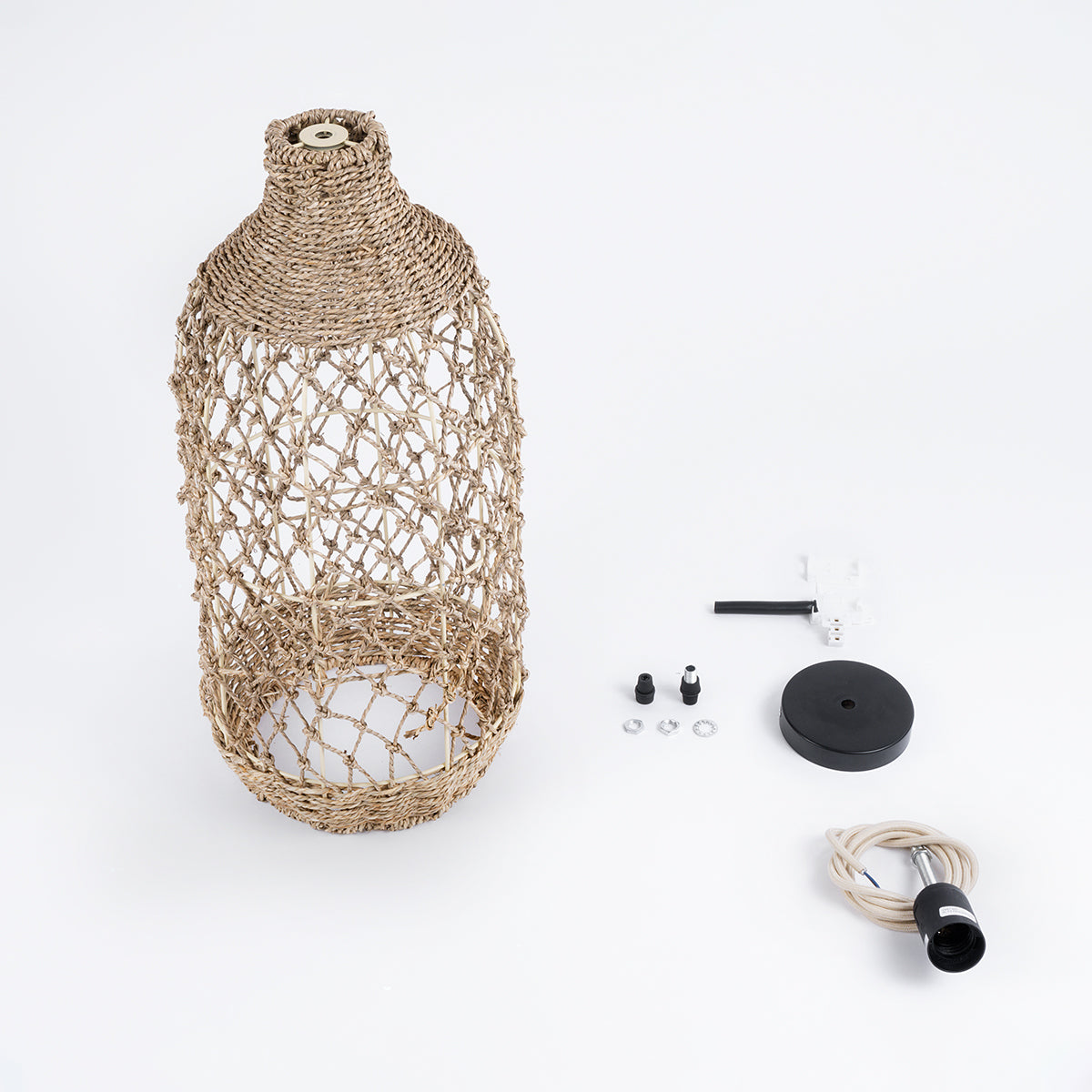 GloboStar® NIMBLIN 02116 Boho Κρεμαστό Φωτιστικό Οροφής Μονόφωτο 1 x E27 AC220-240V IP20 - Φ23 x Υ50cm - Μπεζ Seagrass - Φύκι Πλέγμα Καμπάνα - 5 Χρόνια Εγγύηση - ledmania.gr