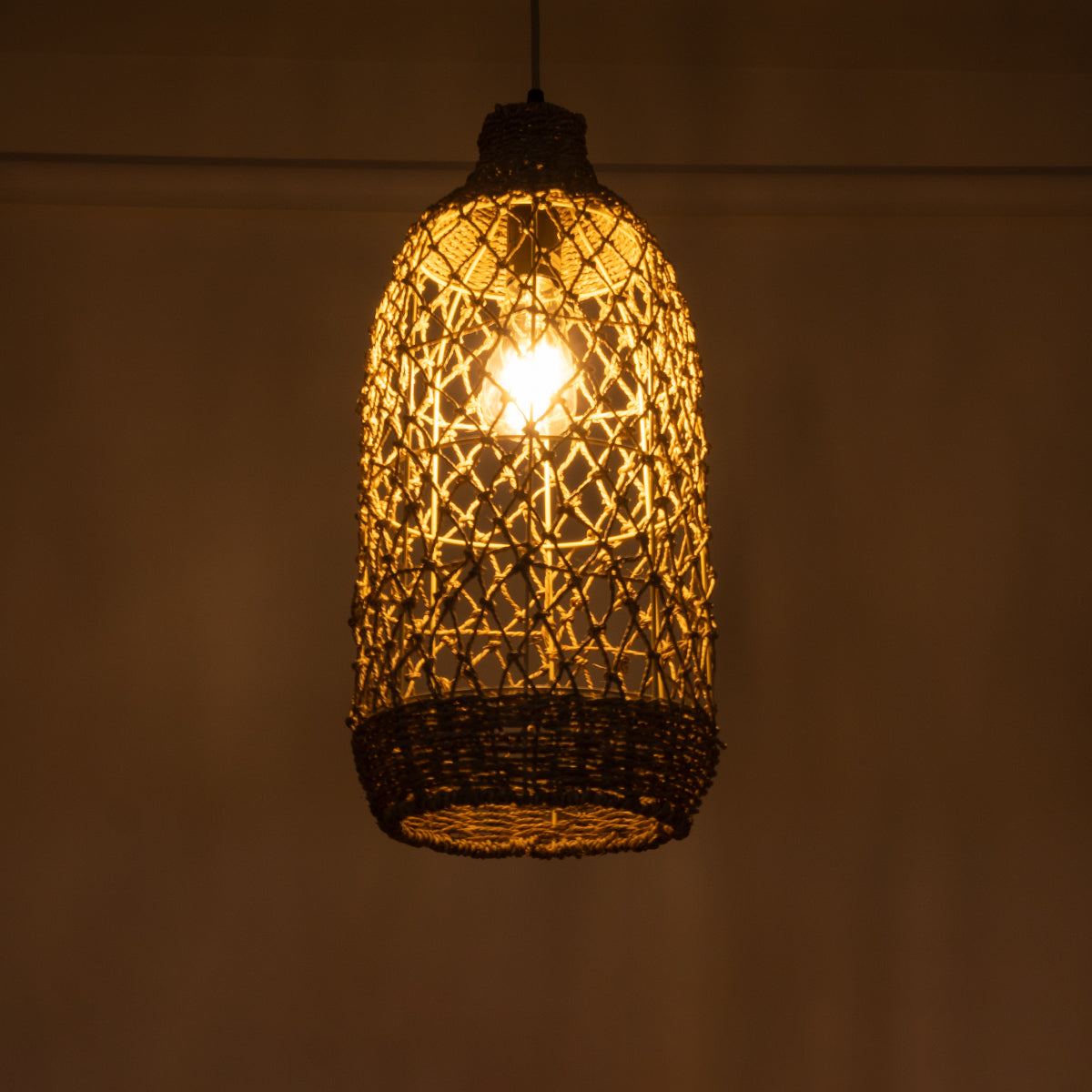 GloboStar® NIMBLIN 02116 Boho Κρεμαστό Φωτιστικό Οροφής Μονόφωτο 1 x E27 AC220-240V IP20 - Φ23 x Υ50cm - Μπεζ Seagrass - Φύκι Πλέγμα Καμπάνα - 5 Χρόνια Εγγύηση - ledmania.gr