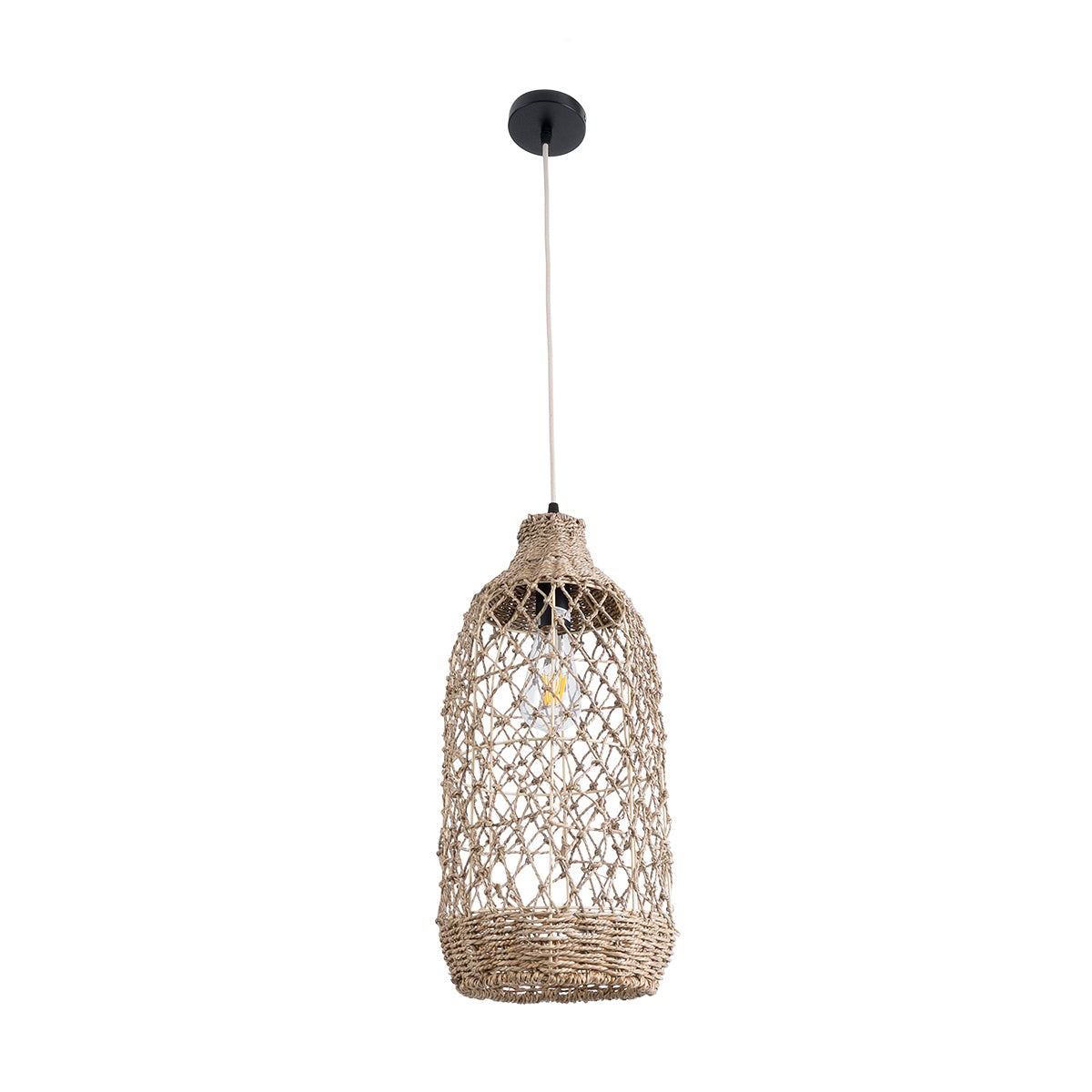 GloboStar® NIMBLIN 02116 Boho Κρεμαστό Φωτιστικό Οροφής Μονόφωτο 1 x E27 AC220-240V IP20 - Φ23 x Υ50cm - Μπεζ Seagrass - Φύκι Πλέγμα Καμπάνα - 5 Χρόνια Εγγύηση - ledmania.gr