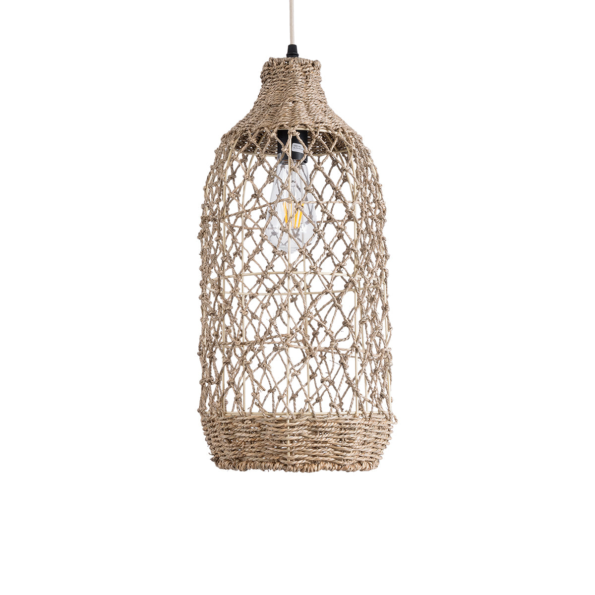 GloboStar® NIMBLIN 02116 Boho Κρεμαστό Φωτιστικό Οροφής Μονόφωτο 1 x E27 AC220-240V IP20 - Φ23 x Υ50cm - Μπεζ Seagrass - Φύκι Πλέγμα Καμπάνα - 5 Χρόνια Εγγύηση - ledmania.gr