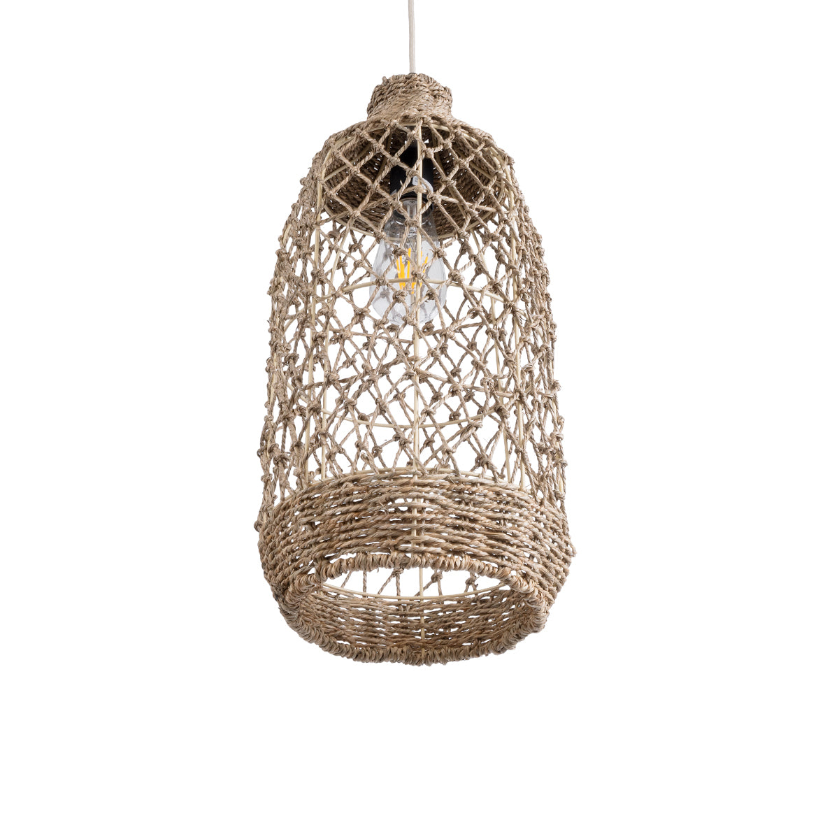 GloboStar® NIMBLIN 02116 Boho Κρεμαστό Φωτιστικό Οροφής Μονόφωτο 1 x E27 AC220-240V IP20 - Φ23 x Υ50cm - Μπεζ Seagrass - Φύκι Πλέγμα Καμπάνα - 5 Χρόνια Εγγύηση - ledmania.gr