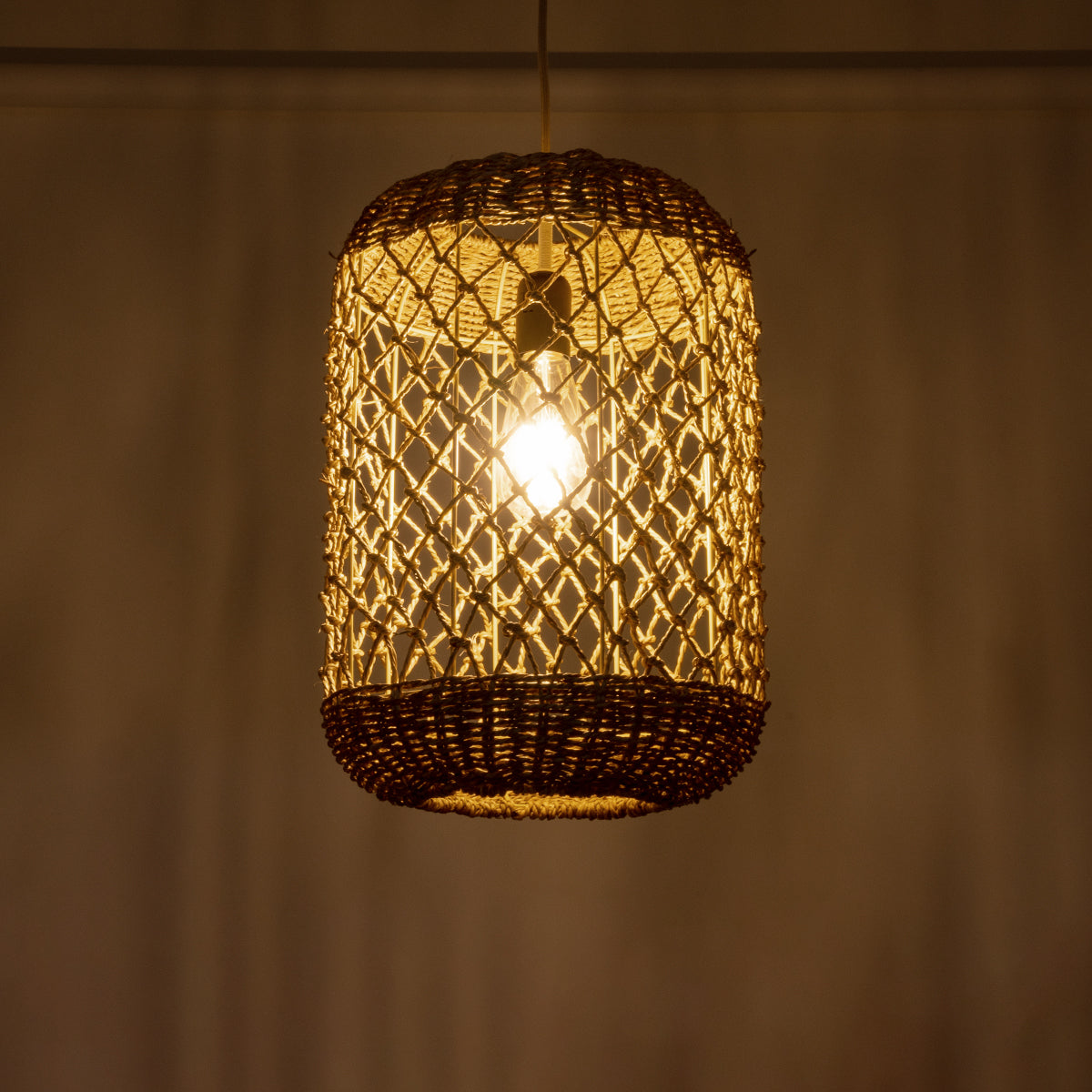 GloboStar® NIMBLIN 02117 Boho Κρεμαστό Φωτιστικό Οροφής Μονόφωτο 1 x E27 AC220-240V IP20 - Φ28 x Υ40cm - Μπεζ Seagrass - Φύκι Πλέγμα - 5 Χρόνια Εγγύηση - ledmania.gr