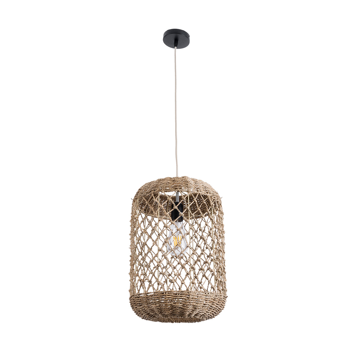 GloboStar® NIMBLIN 02117 Boho Κρεμαστό Φωτιστικό Οροφής Μονόφωτο 1 x E27 AC220-240V IP20 - Φ28 x Υ40cm - Μπεζ Seagrass - Φύκι Πλέγμα - 5 Χρόνια Εγγύηση - ledmania.gr