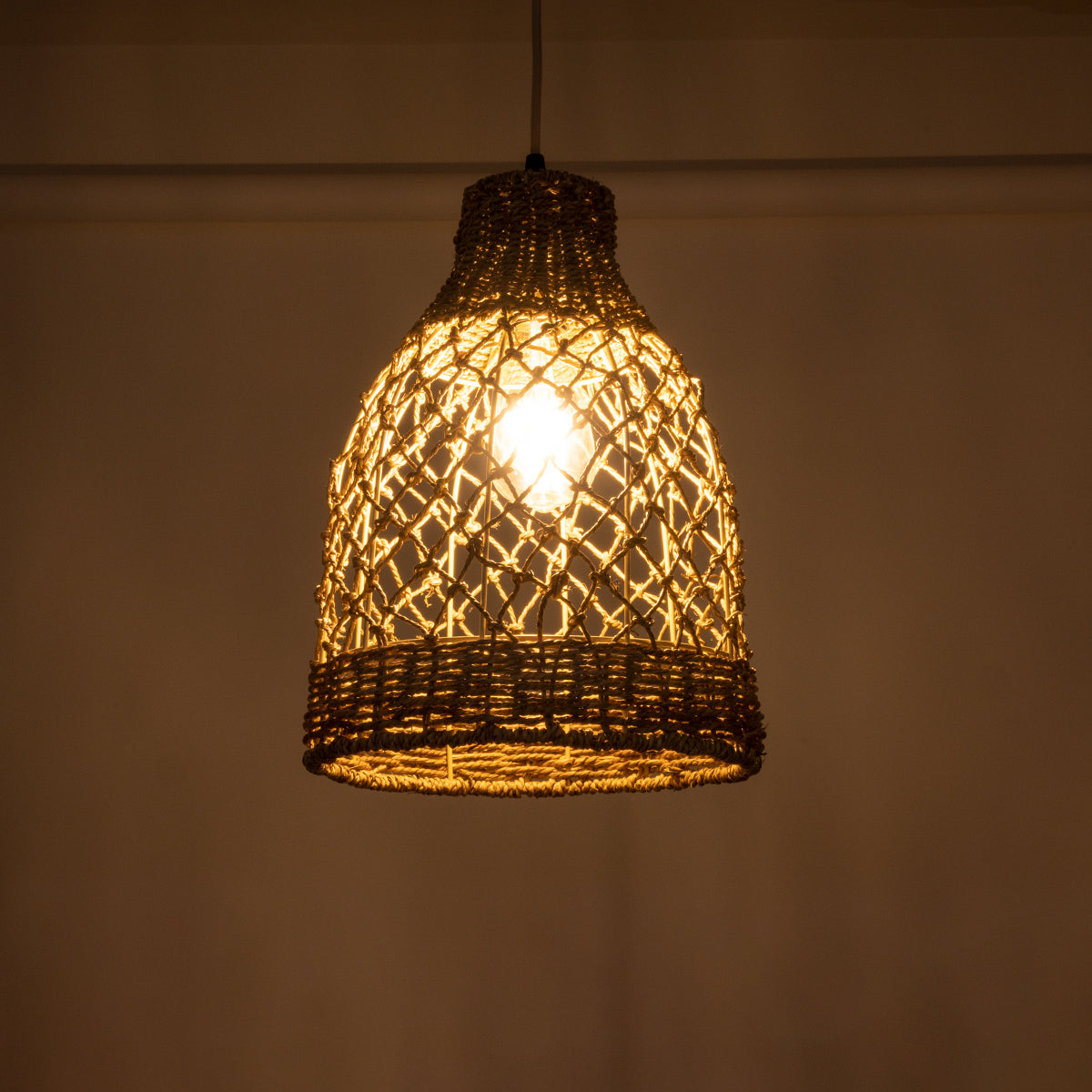 GloboStar® NIMBLIN 02118 Boho Κρεμαστό Φωτιστικό Οροφής Μονόφωτο 1 x E27 AC220-240V IP20 - Φ25 x Υ35cm - Μπεζ Seagrass - Φύκι Πλέγμα Καμπάνα - 5 Χρόνια Εγγύηση - ledmania.gr