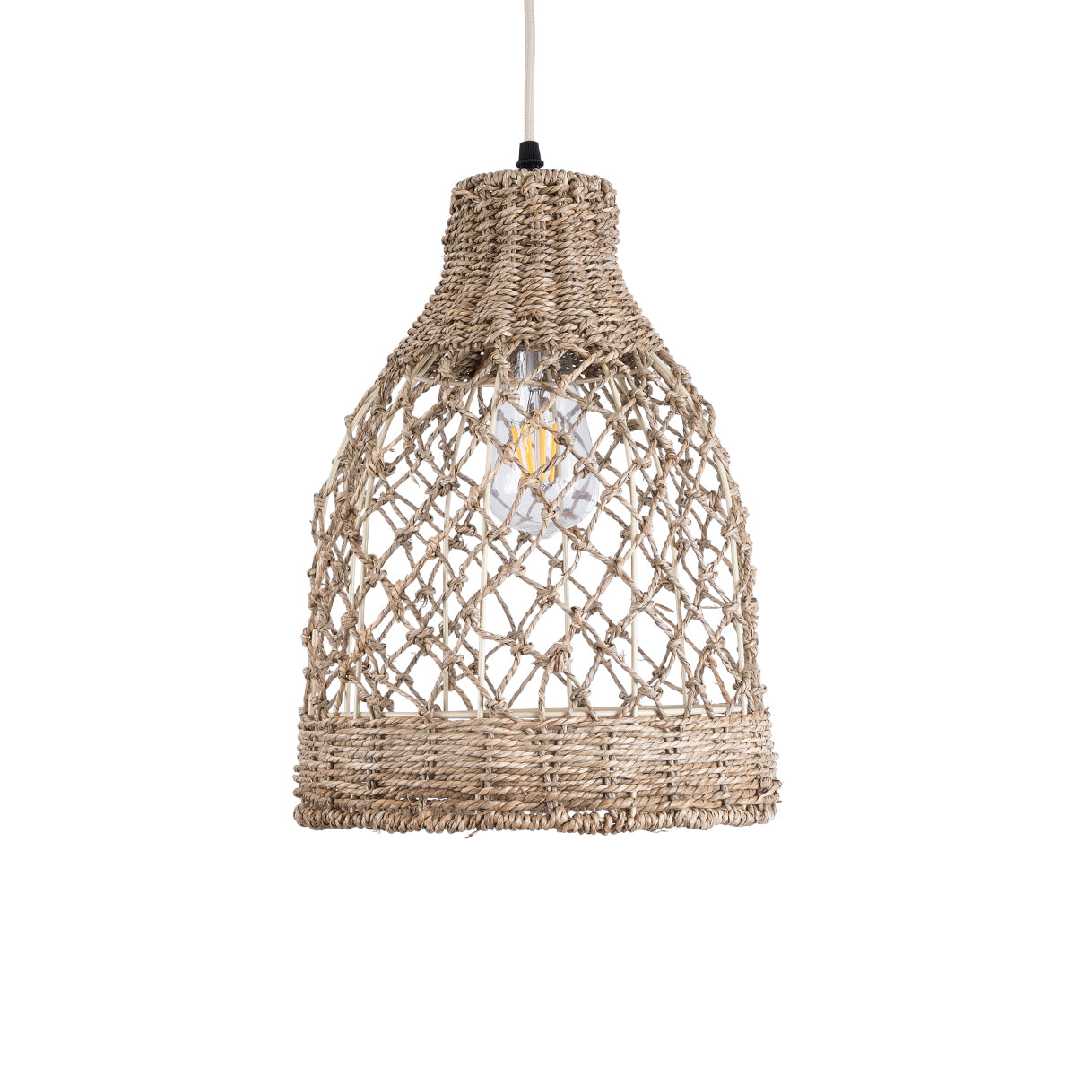GloboStar® NIMBLIN 02118 Boho Κρεμαστό Φωτιστικό Οροφής Μονόφωτο 1 x E27 AC220-240V IP20 - Φ25 x Υ35cm - Μπεζ Seagrass - Φύκι Πλέγμα Καμπάνα - 5 Χρόνια Εγγύηση - ledmania.gr