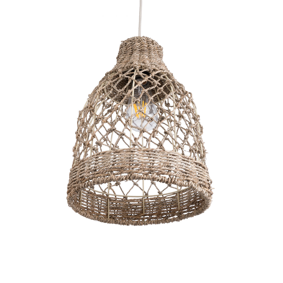 GloboStar® NIMBLIN 02118 Boho Κρεμαστό Φωτιστικό Οροφής Μονόφωτο 1 x E27 AC220-240V IP20 - Φ25 x Υ35cm - Μπεζ Seagrass - Φύκι Πλέγμα Καμπάνα - 5 Χρόνια Εγγύηση - ledmania.gr