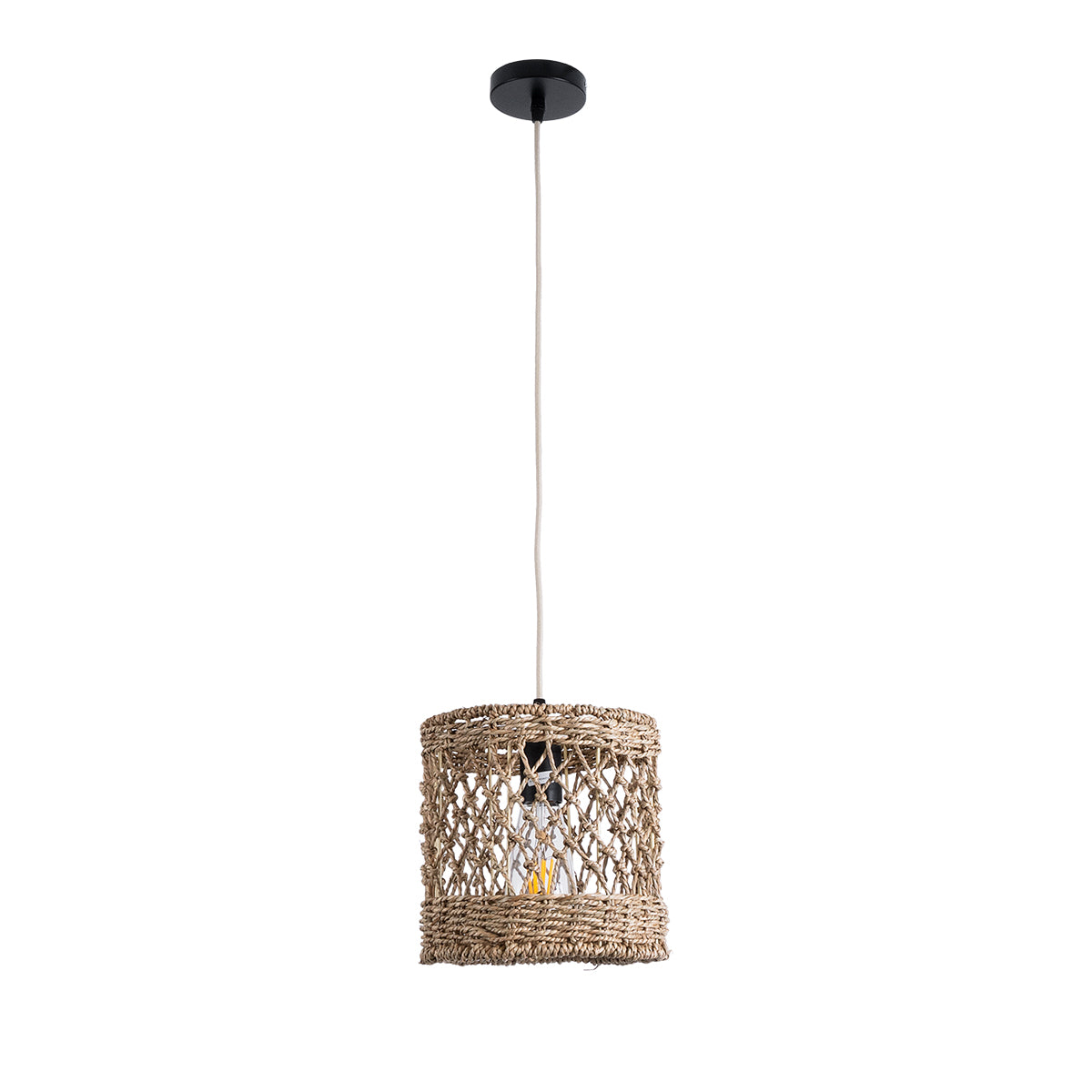 GloboStar® NIMBLIN 02120 Boho Κρεμαστό Φωτιστικό Οροφής Μονόφωτο 1 x E27 AC220-240V IP20 - Φ20 x Υ20cm - Μπεζ Seagrass - Φύκι Πλέγμα - 5 Χρόνια Εγγύηση - ledmania.gr