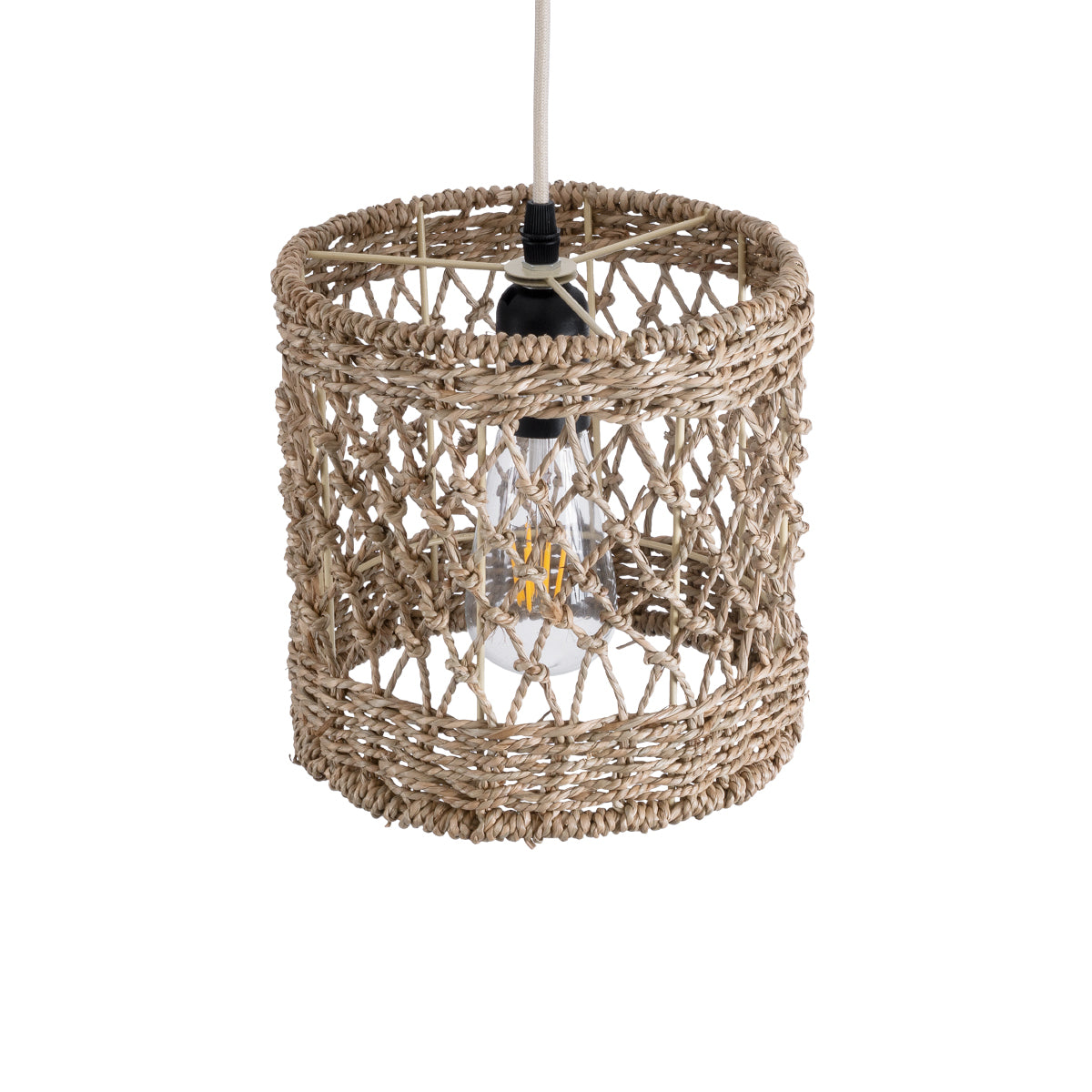 GloboStar® NIMBLIN 02120 Boho Κρεμαστό Φωτιστικό Οροφής Μονόφωτο 1 x E27 AC220-240V IP20 - Φ20 x Υ20cm - Μπεζ Seagrass - Φύκι Πλέγμα - 5 Χρόνια Εγγύηση - ledmania.gr
