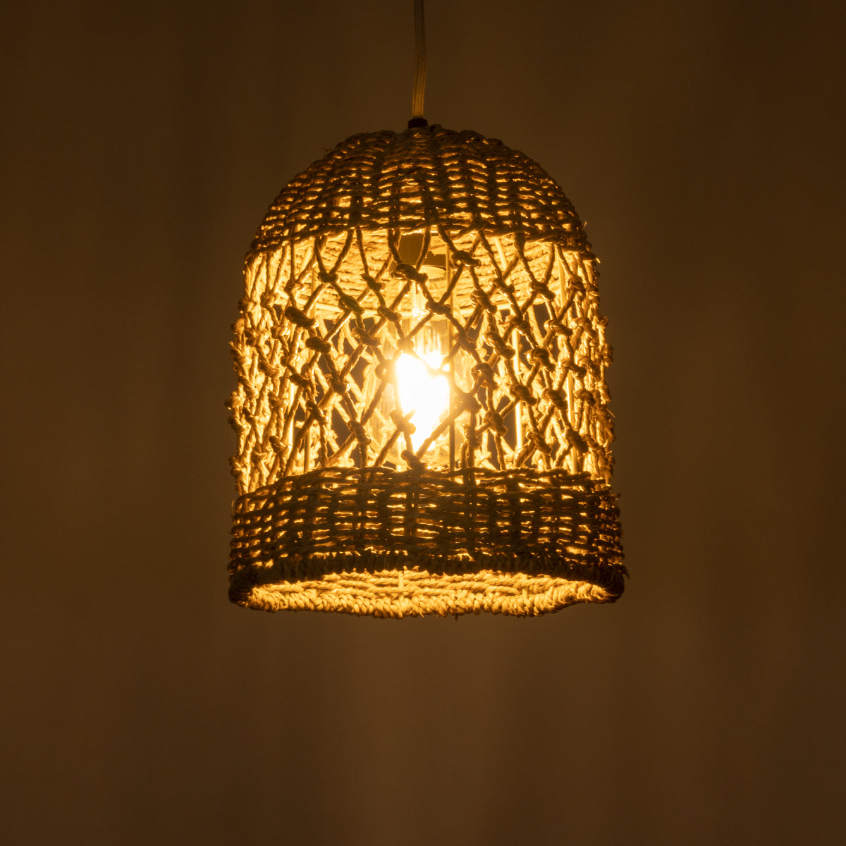GloboStar® ECUADOR 02121 Boho Κρεμαστό Φωτιστικό Οροφής Μονόφωτο 1 x E27 AC220-240V IP20 - Φ20 x Υ25cm - Μπεζ Seagrass - Φύκι Πλέγμα Καμπάνα - 5 Χρόνια Εγγύηση - ledmania.gr