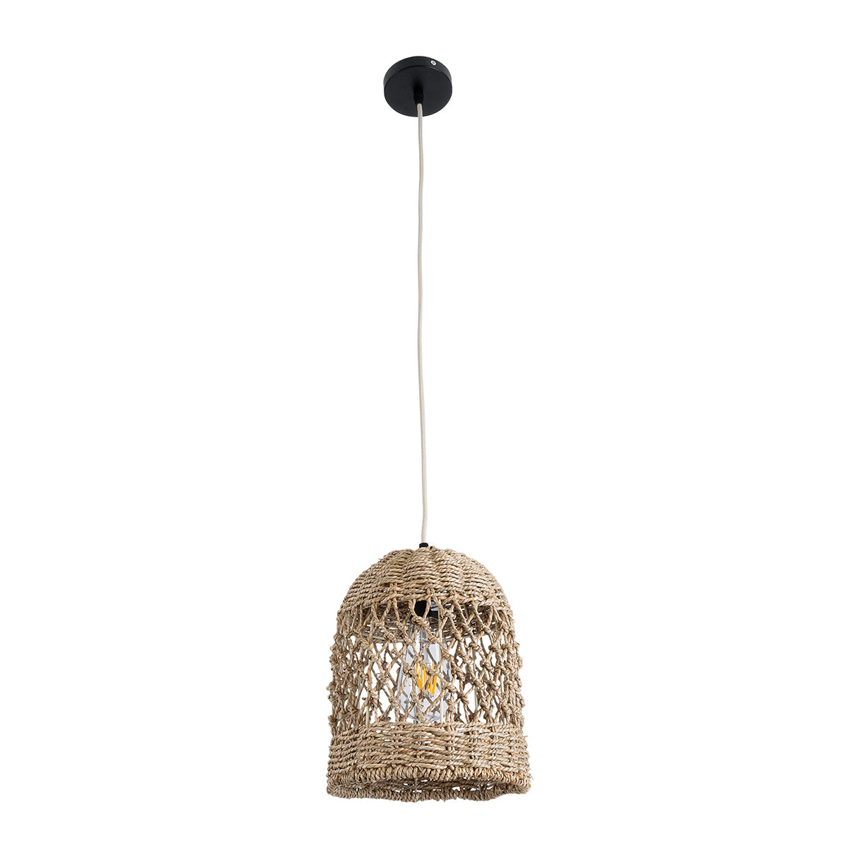 GloboStar® ECUADOR 02121 Boho Κρεμαστό Φωτιστικό Οροφής Μονόφωτο 1 x E27 AC220-240V IP20 - Φ20 x Υ25cm - Μπεζ Seagrass - Φύκι Πλέγμα Καμπάνα - 5 Χρόνια Εγγύηση - ledmania.gr