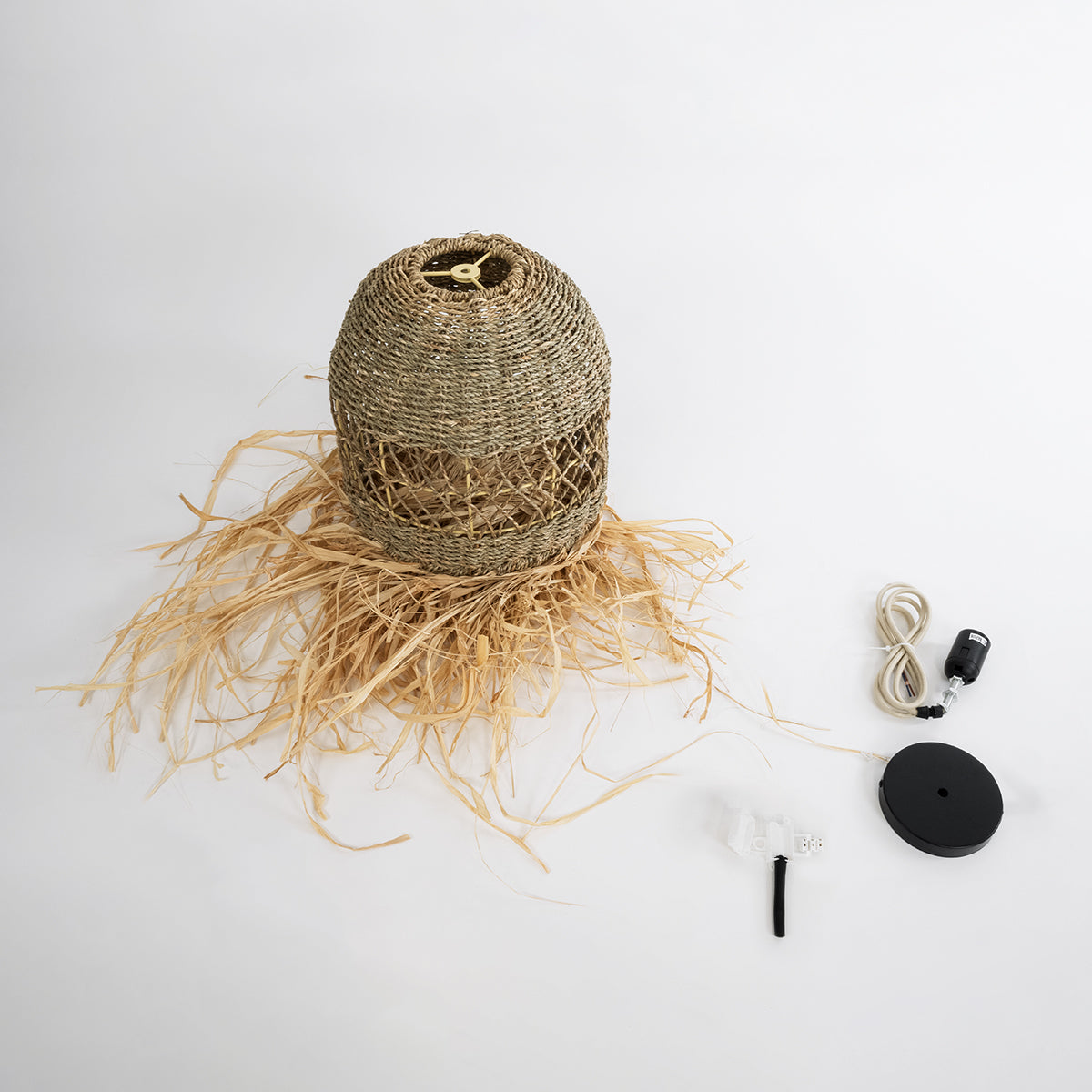 GloboStar® SAINTLUCIA 02160 Boho Κρεμαστό Φωτιστικό Οροφής Μονόφωτο 1 x E27 AC220-240V IP20 - Φ30 x Υ90cm - Χακί Σχοινί με Μπεζ Φυσική Ράφια Νήμα Πλεγμα Καμπάνα - 5 Χρόνια Εγγύηση - ledmania.gr