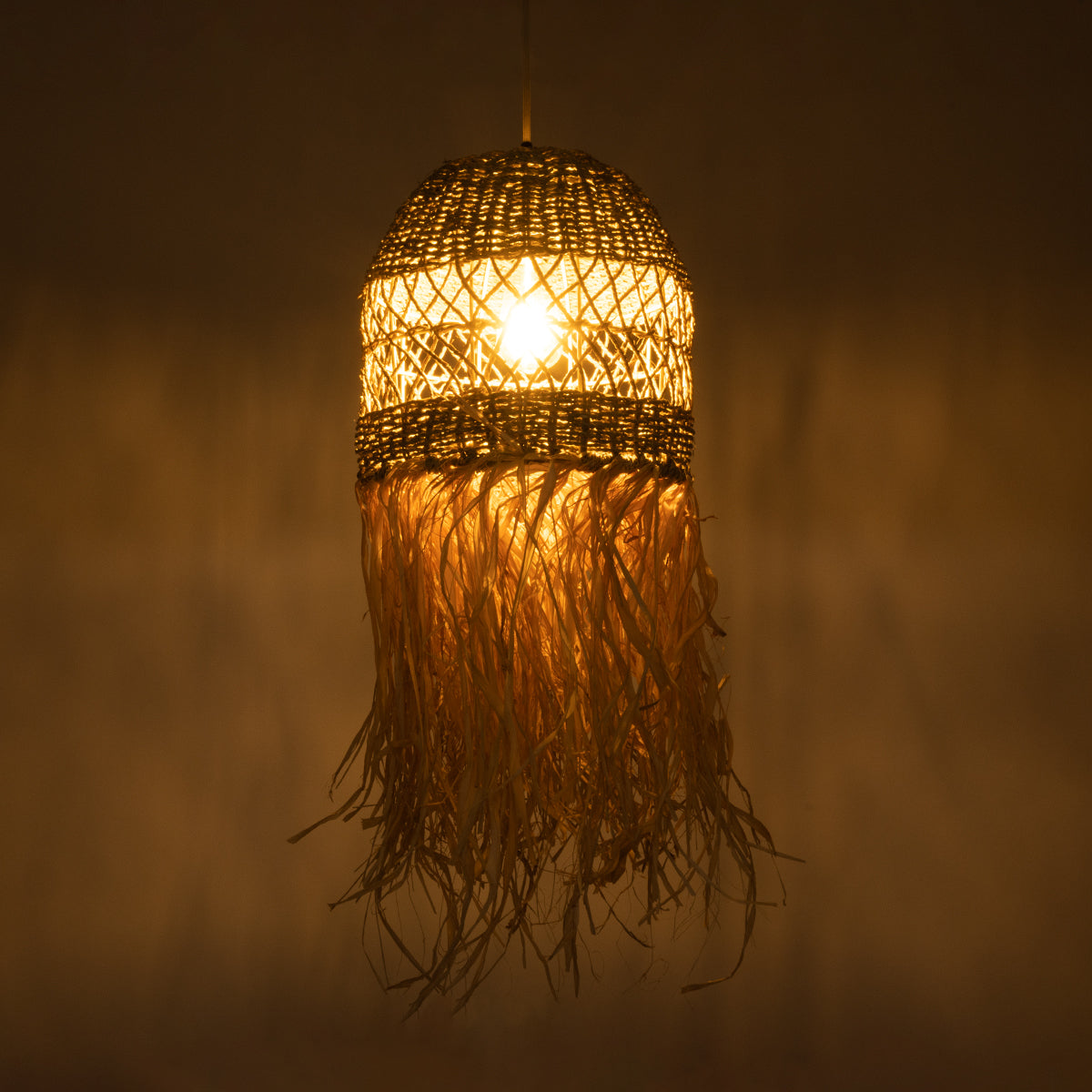 GloboStar® SAINTLUCIA 02160 Boho Κρεμαστό Φωτιστικό Οροφής Μονόφωτο 1 x E27 AC220-240V IP20 - Φ30 x Υ90cm - Χακί Σχοινί με Μπεζ Φυσική Ράφια Νήμα Πλεγμα Καμπάνα - 5 Χρόνια Εγγύηση - ledmania.gr