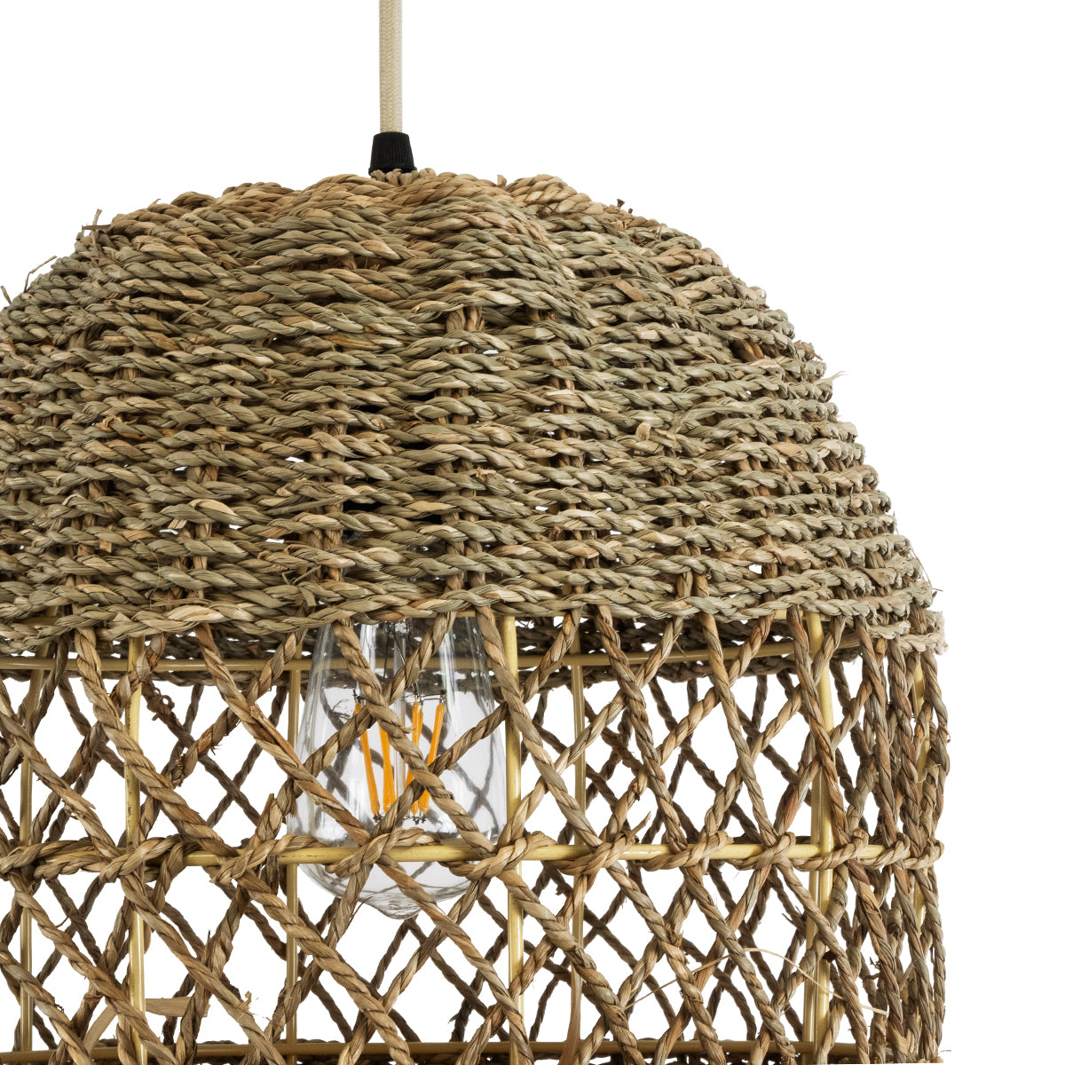 GloboStar® SAINTLUCIA 02160 Boho Κρεμαστό Φωτιστικό Οροφής Μονόφωτο 1 x E27 AC220-240V IP20 - Φ30 x Υ90cm - Χακί Σχοινί με Μπεζ Φυσική Ράφια Νήμα Πλεγμα Καμπάνα - 5 Χρόνια Εγγύηση - ledmania.gr