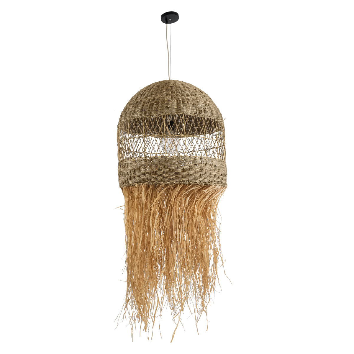 GloboStar® SAINTLUCIA 02161 Boho Κρεμαστό Φωτιστικό Οροφής Μονόφωτο 1 x E27 AC220-240V IP20 - Φ66 x Υ120cm - Χακί Σχοινί με Μπεζ Φυσική Ράφια Νήμα Πλεγμα Καμπάνα - 5 Χρόνια Εγγύηση - ledmania.gr