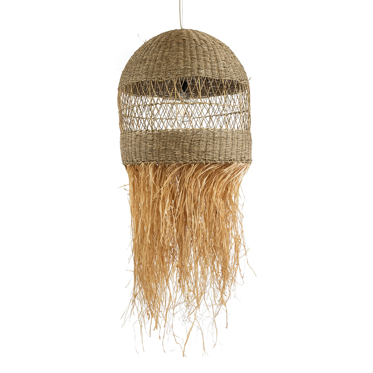 GloboStar® SAINTLUCIA 02161 Boho Κρεμαστό Φωτιστικό Οροφής Μονόφωτο 1 x E27 AC220-240V IP20 - Φ66 x Υ120cm - Χακί Σχοινί με Μπεζ Φυσική Ράφια Νήμα Πλεγμα Καμπάνα - 5 Χρόνια Εγγύηση - ledmania.gr