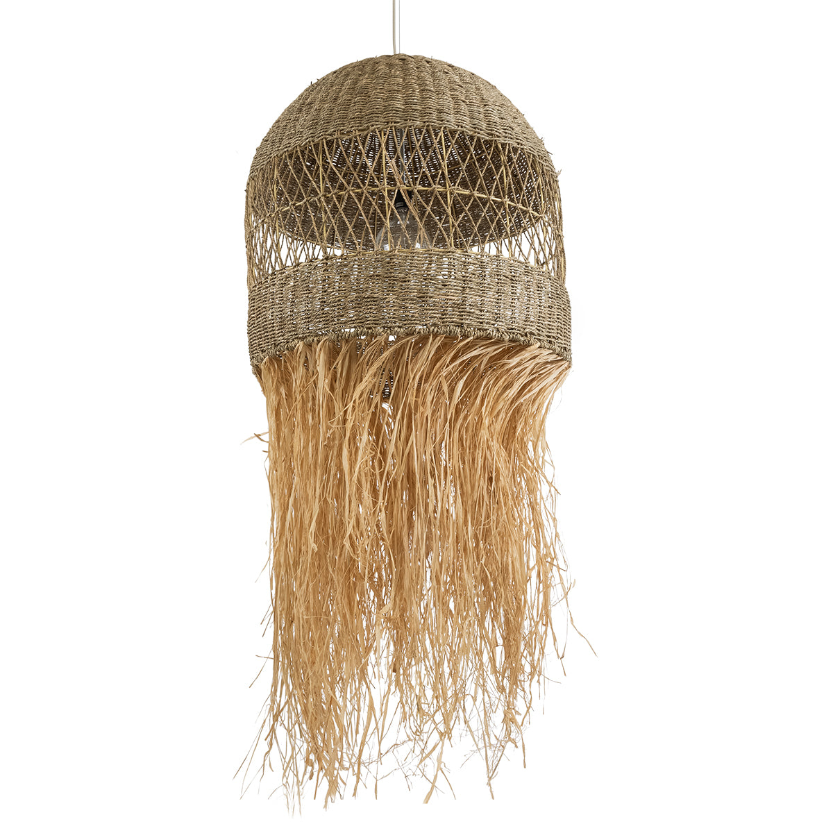 GloboStar® SAINTLUCIA 02161 Boho Κρεμαστό Φωτιστικό Οροφής Μονόφωτο 1 x E27 AC220-240V IP20 - Φ66 x Υ120cm - Χακί Σχοινί με Μπεζ Φυσική Ράφια Νήμα Πλεγμα Καμπάνα - 5 Χρόνια Εγγύηση - ledmania.gr