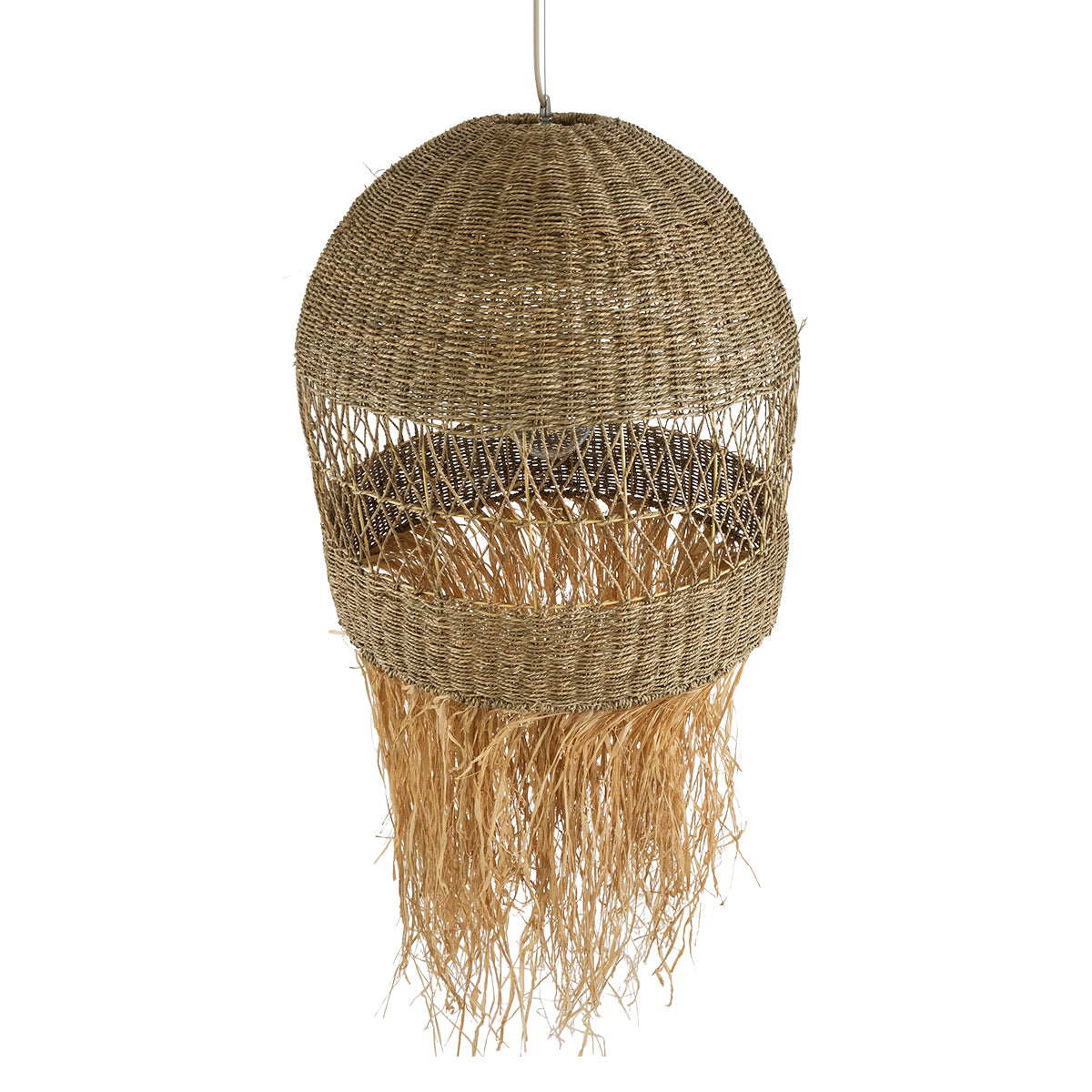 GloboStar® SAINTLUCIA 02161 Boho Κρεμαστό Φωτιστικό Οροφής Μονόφωτο 1 x E27 AC220-240V IP20 - Φ66 x Υ120cm - Χακί Σχοινί με Μπεζ Φυσική Ράφια Νήμα Πλεγμα Καμπάνα - 5 Χρόνια Εγγύηση - ledmania.gr