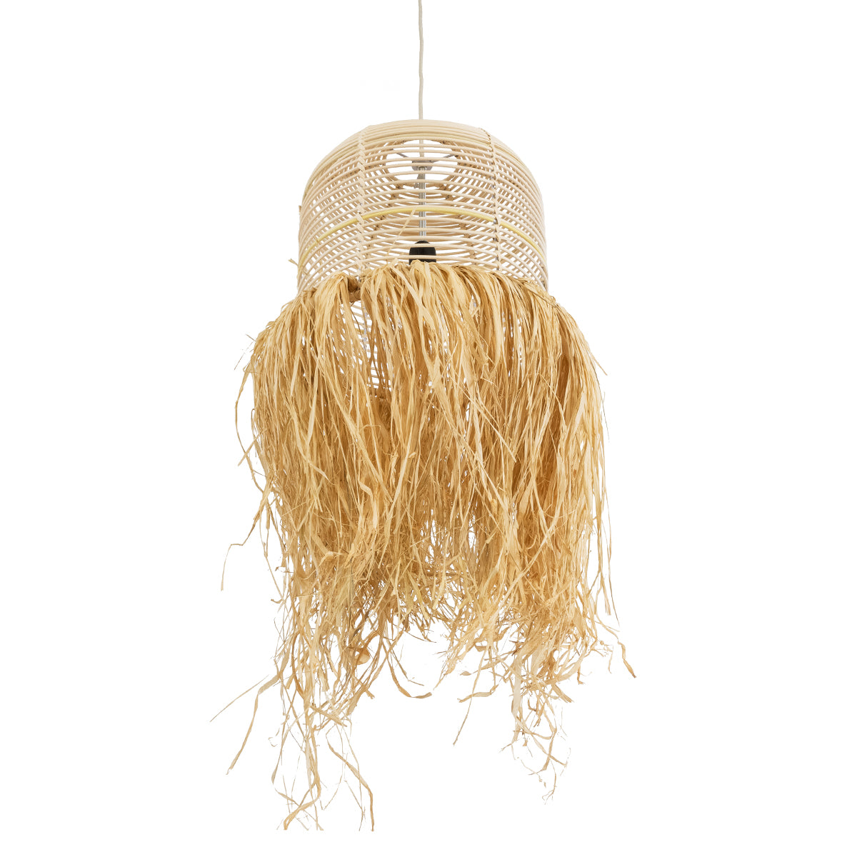 GloboStar® BASSETERRE 02162 Boho Κρεμαστό Φωτιστικό Οροφής Μονόφωτο 1 x E27 AC220-240V IP20 - Φ35 x Υ60cm - Μπεζ Ξύλινο Μπαμπού με Μπεζ Φυσική Ράφια Νήμα Πλεγμα Καμπάνα - 5 Χρόνια Εγγύηση - ledmania.gr