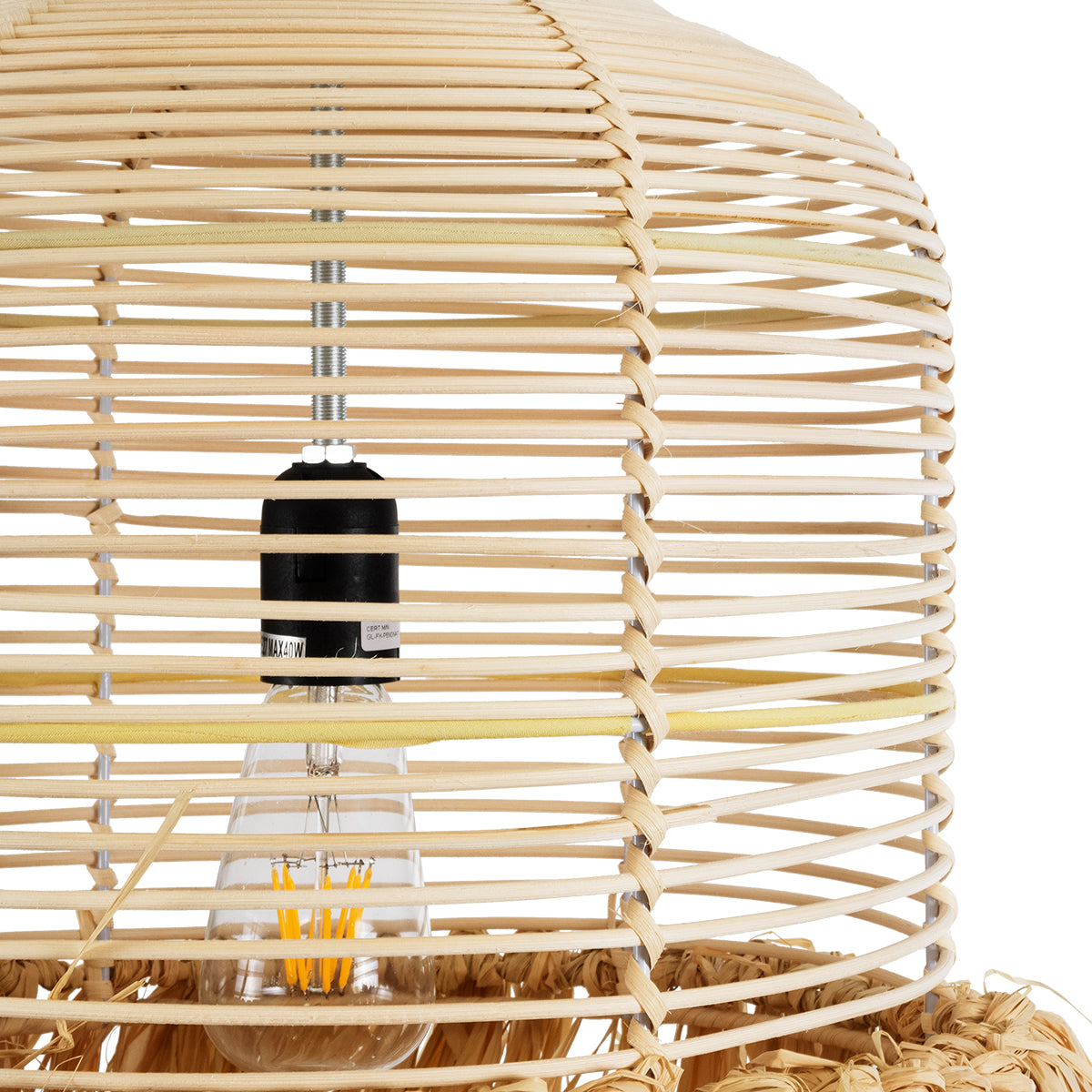 GloboStar® BASSETERRE 02162 Boho Κρεμαστό Φωτιστικό Οροφής Μονόφωτο 1 x E27 AC220-240V IP20 - Φ35 x Υ60cm - Μπεζ Ξύλινο Μπαμπού με Μπεζ Φυσική Ράφια Νήμα Πλεγμα Καμπάνα - 5 Χρόνια Εγγύηση - ledmania.gr