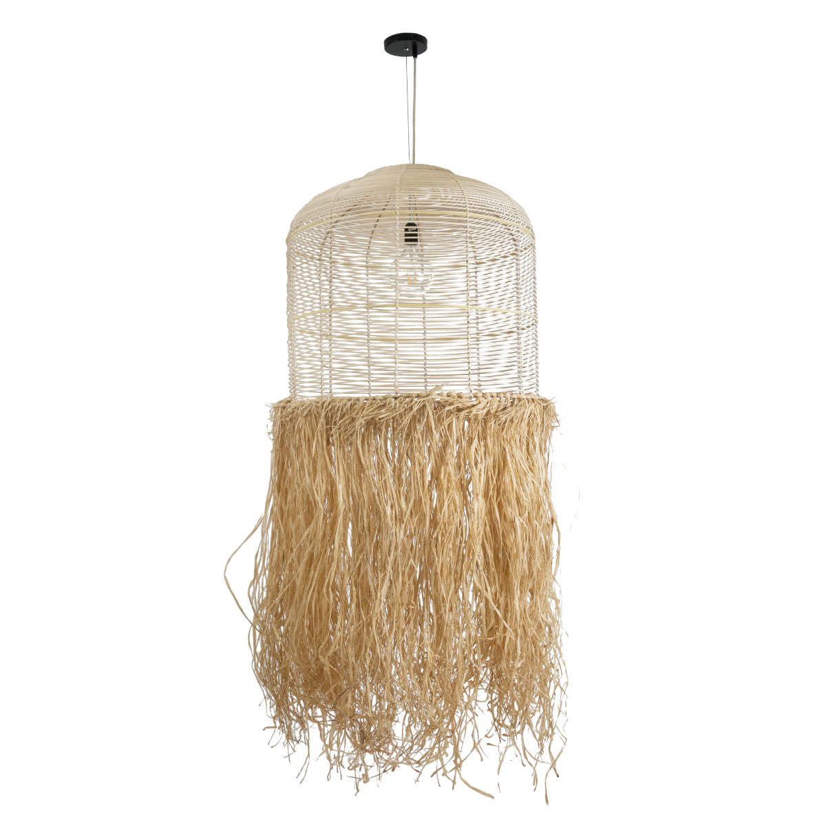 GloboStar® BASSETERRE 02163 Boho Φωτιστικό Οροφής Μονόφωτο 1 x E27 AC220-240V IP20 - Φ70 x Υ170cm - Μπεζ Ξύλινο με Μπεζ Καφέ Φυσική Ράφια Νήμα Πλέγμα Καμπάνα - 5 Χρόνια Εγγύηση - ledmania.gr