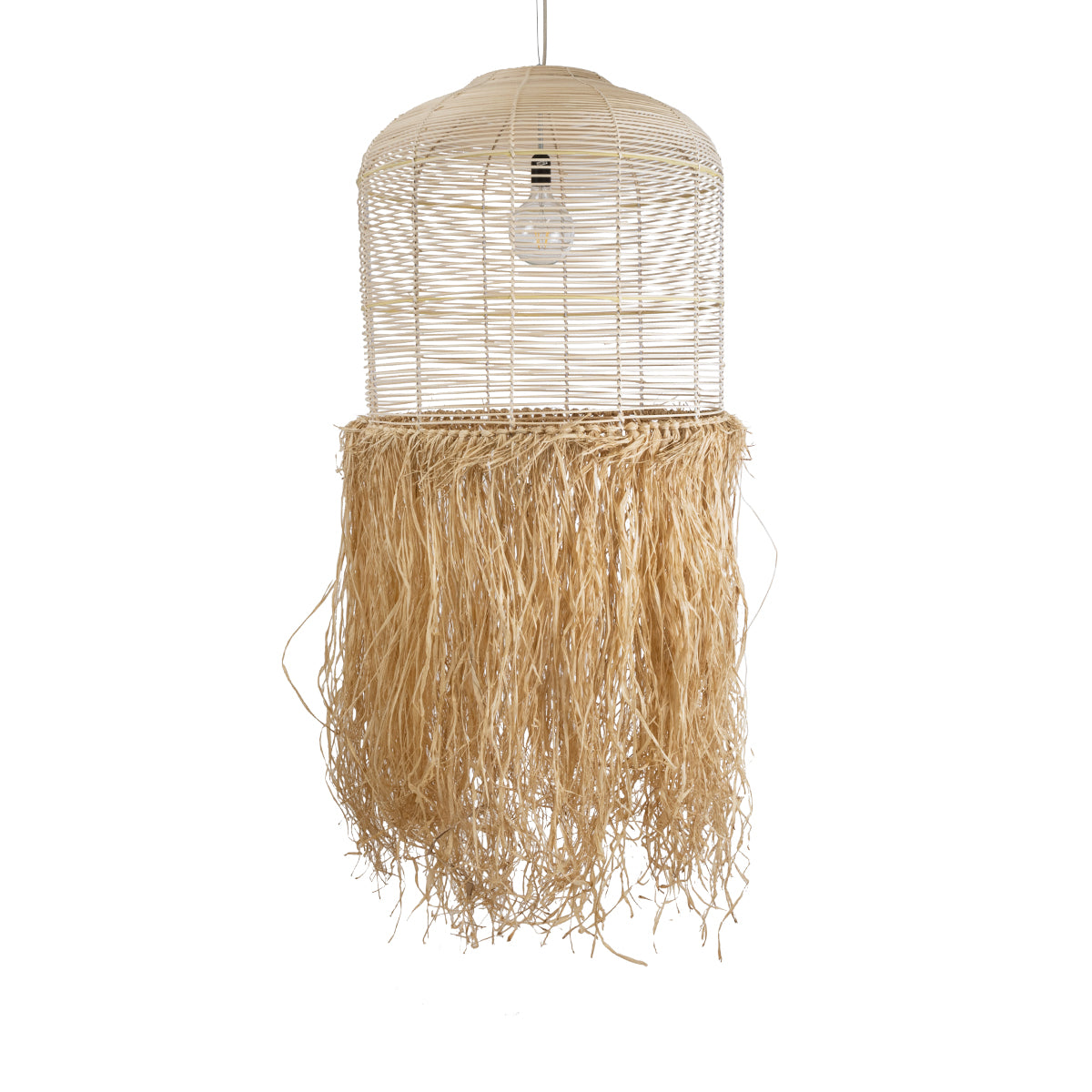 GloboStar® BASSETERRE 02163 Boho Φωτιστικό Οροφής Μονόφωτο 1 x E27 AC220-240V IP20 - Φ70 x Υ170cm - Μπεζ Ξύλινο με Μπεζ Καφέ Φυσική Ράφια Νήμα Πλέγμα Καμπάνα - 5 Χρόνια Εγγύηση - ledmania.gr