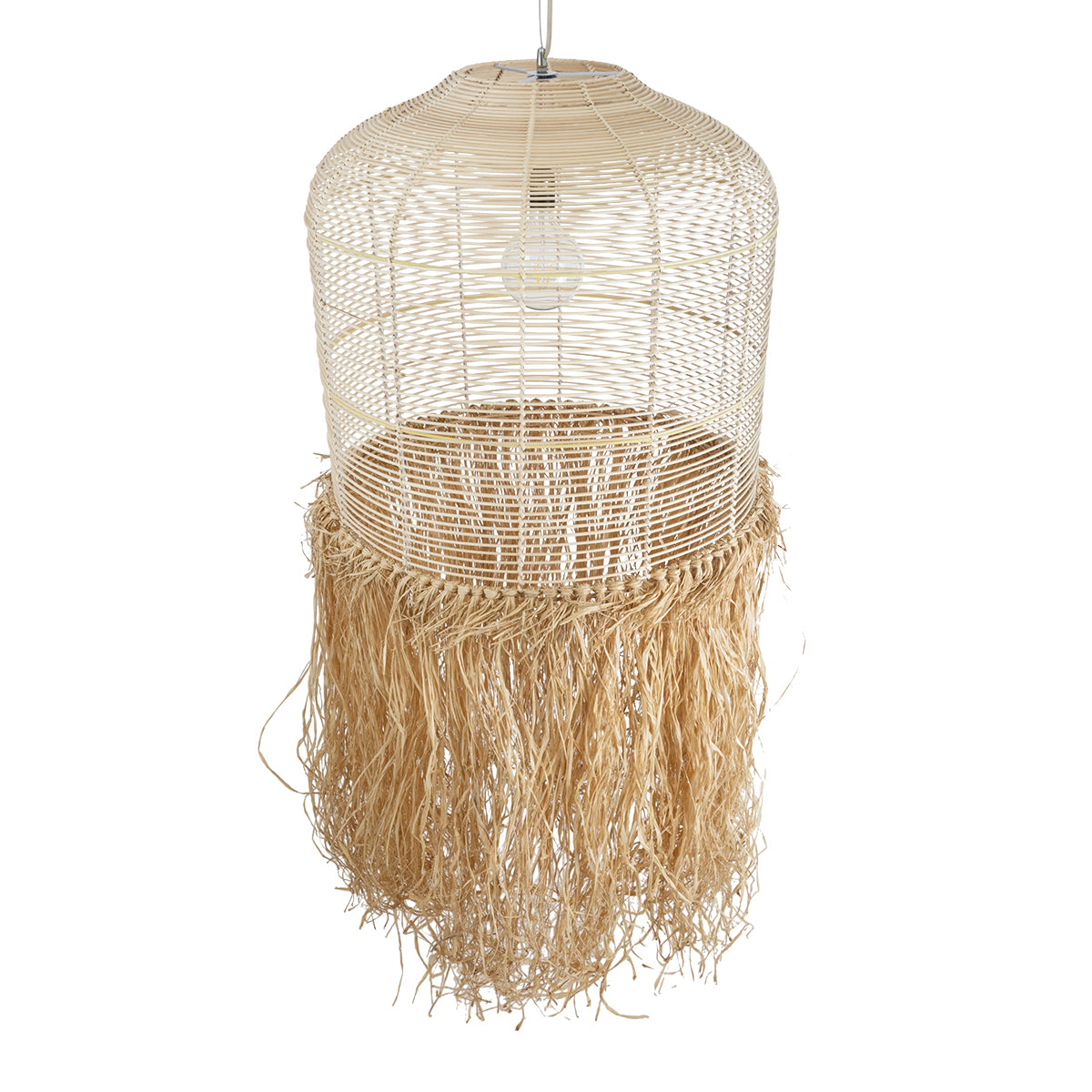 GloboStar® BASSETERRE 02163 Boho Φωτιστικό Οροφής Μονόφωτο 1 x E27 AC220-240V IP20 - Φ70 x Υ170cm - Μπεζ Ξύλινο με Μπεζ Καφέ Φυσική Ράφια Νήμα Πλέγμα Καμπάνα - 5 Χρόνια Εγγύηση - ledmania.gr