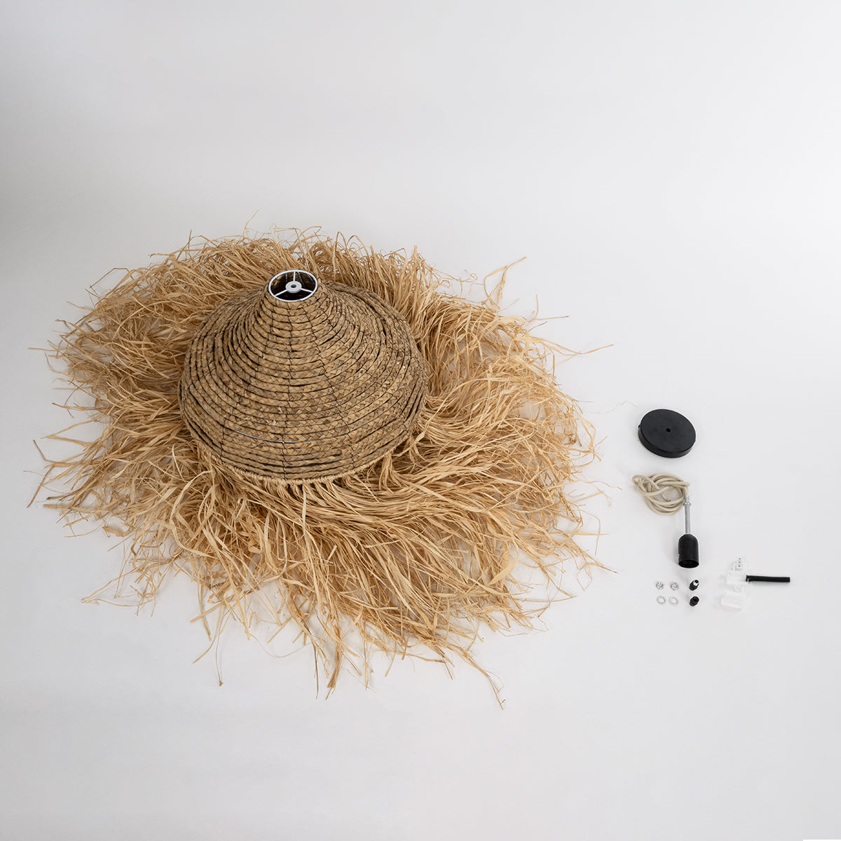 GloboStar® PORTOFERRAIO 02185 Boho Φωτιστικό Οροφής Μονόφωτο 1 x E27 AC220-240V IP20 - Φ50 x Υ80cm - Μπεζ με Καφέ Φυσική Ράφια Νήμα Πλέγμα Καμπάνα - 5 Χρόνια Εγγύηση - ledmania.gr