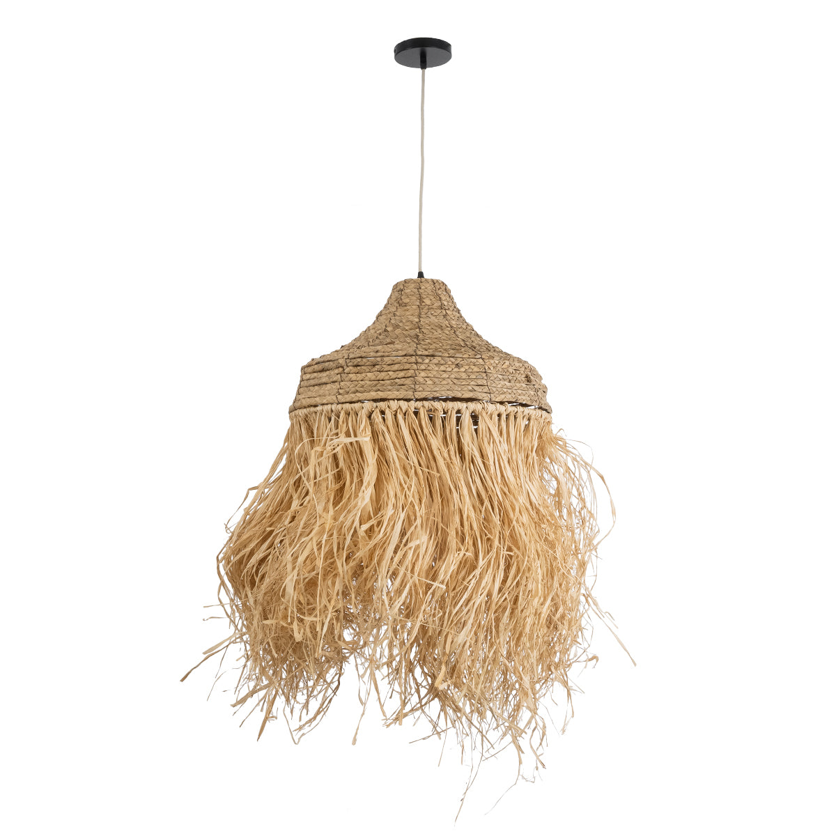 GloboStar® PORTOFERRAIO 02185 Boho Φωτιστικό Οροφής Μονόφωτο 1 x E27 AC220-240V IP20 - Φ50 x Υ80cm - Μπεζ με Καφέ Φυσική Ράφια Νήμα Πλέγμα Καμπάνα - 5 Χρόνια Εγγύηση - ledmania.gr