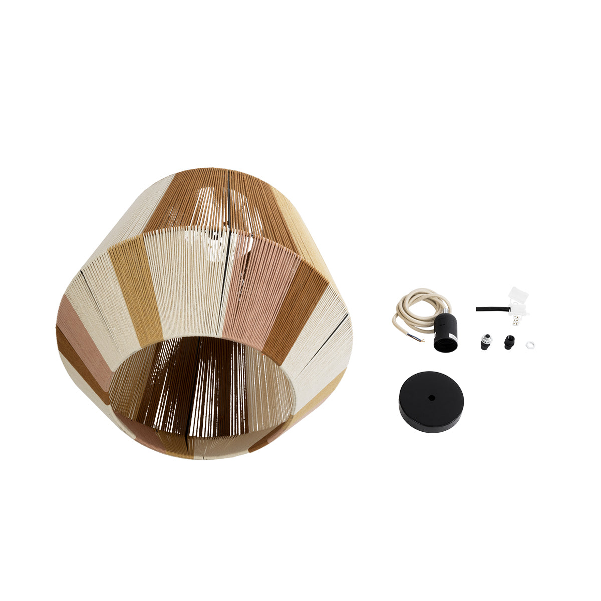 GloboStar® CORRALEJO 02187 Boho Φωτιστικό Οροφής Μονόφωτο 1 x E27 AC220-240V IP20 - Φ50 x Υ50cm - Μπεζ με Λευκό και Καφέ με Ροζ Λεπτό Νήμα Βαμβακερό Πλέγμα Καμπάνα - 5 Χρόνια Εγγύηση - ledmania.gr