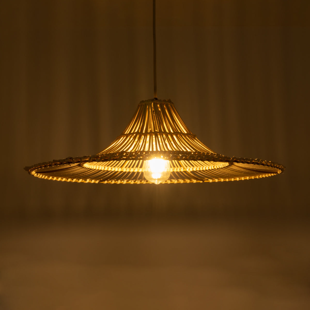 GloboStar® PALERMO 02208 Boho Κρεμαστό Φωτιστικό Οροφής Μονόφωτο 1 x E27 AC220-240V IP20 - Φ60 x Υ20cm - Μπεζ Ξύλινο Μπαμπού Πλέγμα - 5 Χρόνια Εγγύηση - ledmania.gr