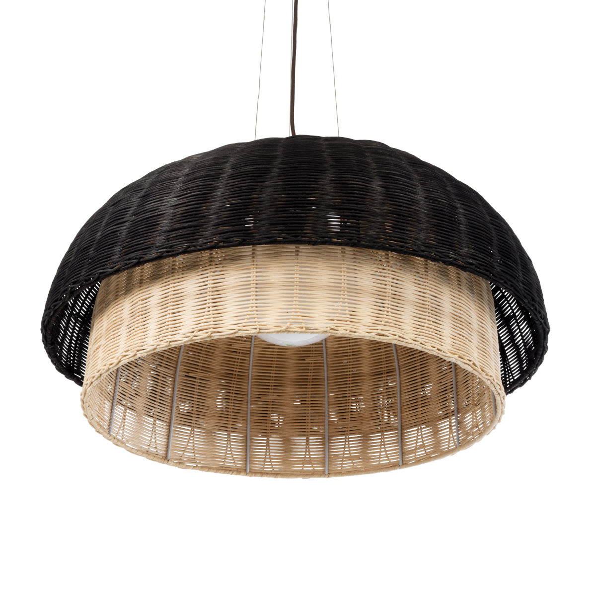 GloboStar® CORSICA 02216 Boho Κρεμαστό Φωτιστικό Οροφής Μονόφωτο 1 x E27 AC220-240V IP20 - Φ70 x Υ35cm - Μαύρο Μπεζ Ξύλινο Μπαμπού Πλέγμα Καμπάνα - 5 Χρόνια Εγγύηση - ledmania.gr