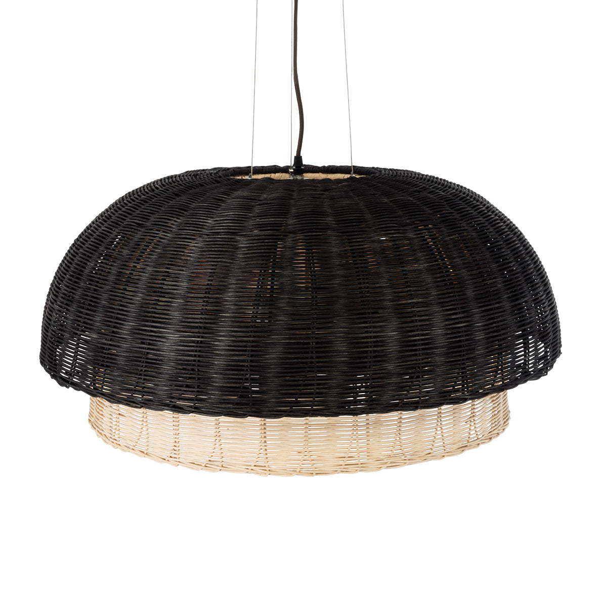 GloboStar® CORSICA 02216 Boho Κρεμαστό Φωτιστικό Οροφής Μονόφωτο 1 x E27 AC220-240V IP20 - Φ70 x Υ35cm - Μαύρο Μπεζ Ξύλινο Μπαμπού Πλέγμα Καμπάνα - 5 Χρόνια Εγγύηση - ledmania.gr