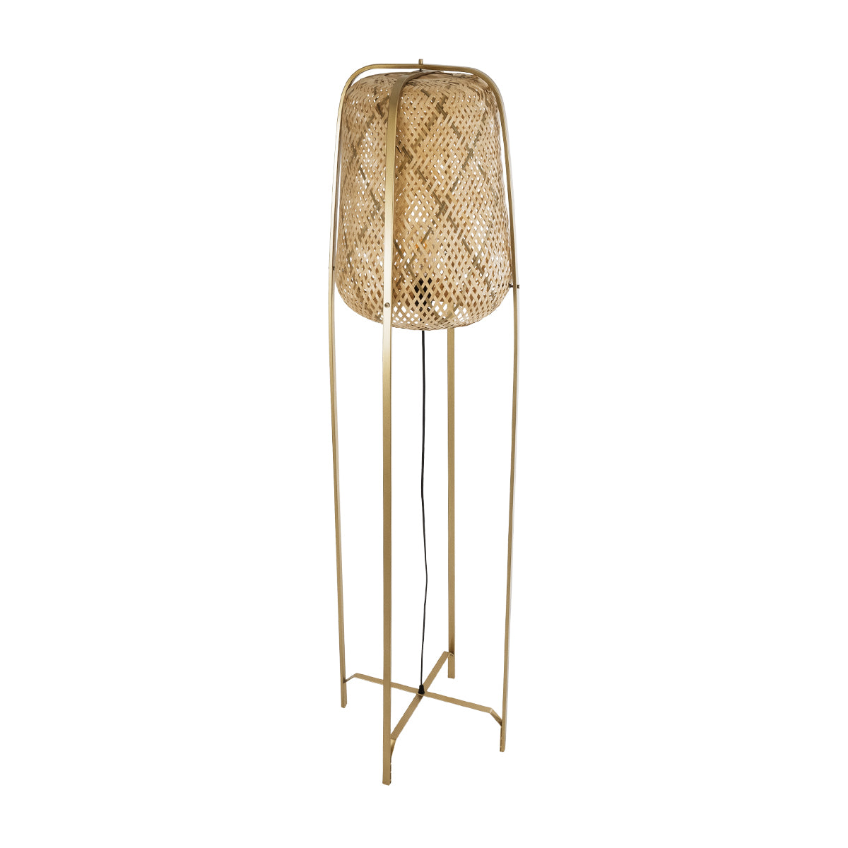 GloboStar® MEILANI 02301 Boho Επιδαπέδιο Φωτιστικό Μονόφωτο 1 x E27 AC220-240V IP20 - Φ40 x Υ150cm - Χρυσό Μεταλλικό με Μπεζ Ξύλινο Ρατάν Πλέγμα - 5 Χρόνια Εγγύηση - ledmania.gr