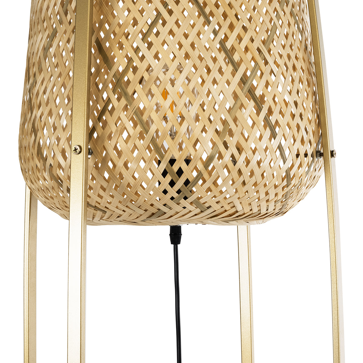 GloboStar® MEILANI 02301 Boho Επιδαπέδιο Φωτιστικό Μονόφωτο 1 x E27 AC220-240V IP20 - Φ40 x Υ150cm - Χρυσό Μεταλλικό με Μπεζ Ξύλινο Ρατάν Πλέγμα - 5 Χρόνια Εγγύηση - ledmania.gr
