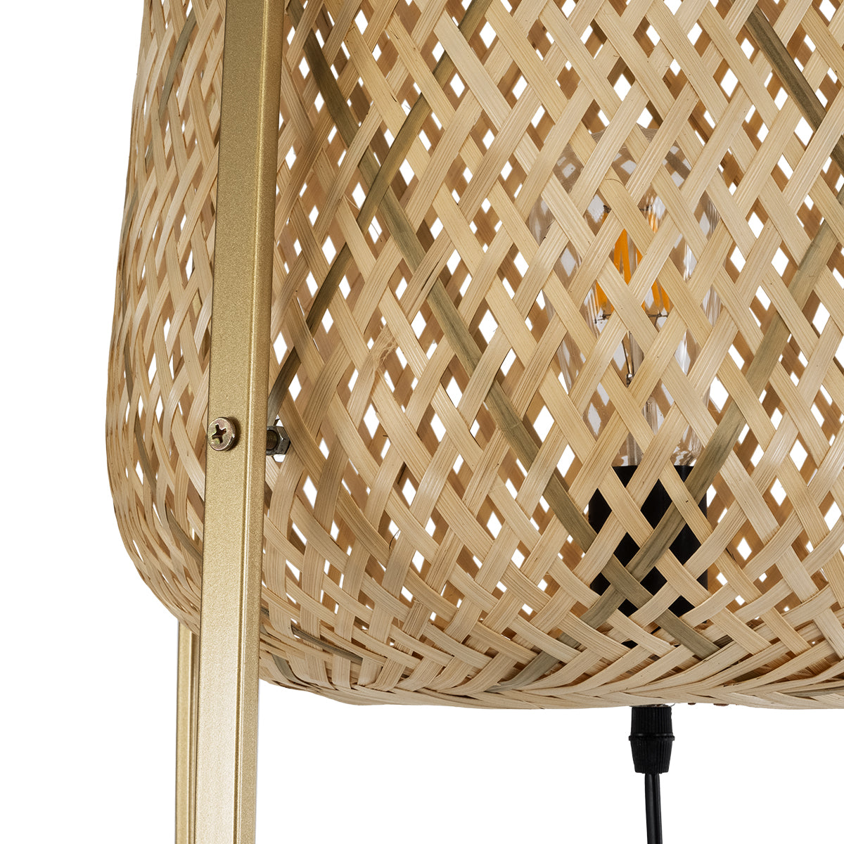 GloboStar® MEILANI 02301 Boho Επιδαπέδιο Φωτιστικό Μονόφωτο 1 x E27 AC220-240V IP20 - Φ40 x Υ150cm - Χρυσό Μεταλλικό με Μπεζ Ξύλινο Ρατάν Πλέγμα - 5 Χρόνια Εγγύηση - ledmania.gr