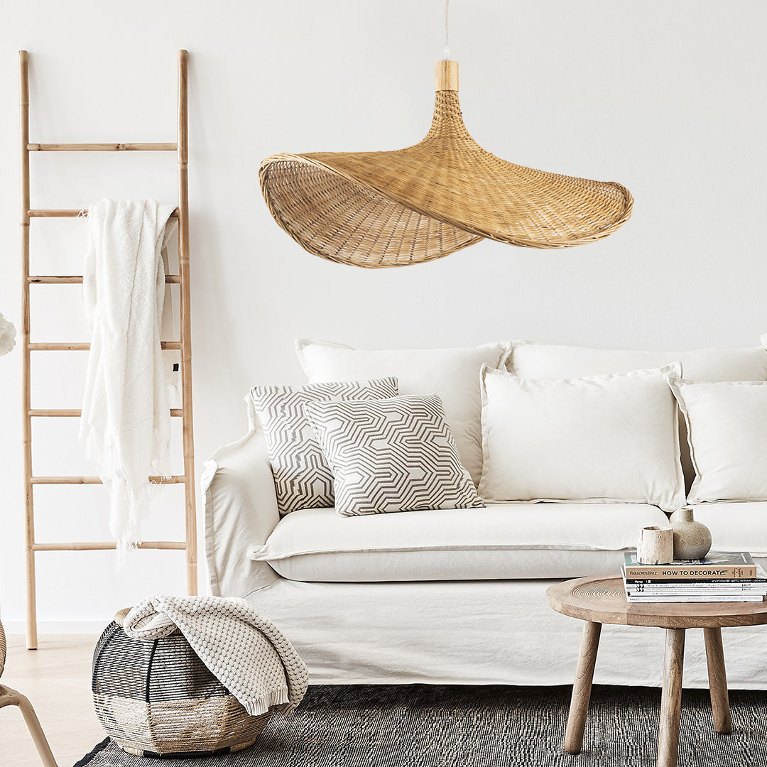 GloboStar® CUBA 01721 Vintage Κρεμαστό Φωτιστικό Οροφής Μονόφωτο 1 x E27 Μπεζ Ξύλινο Μπαμπού Φ63 x Y32cm - ledmania.gr