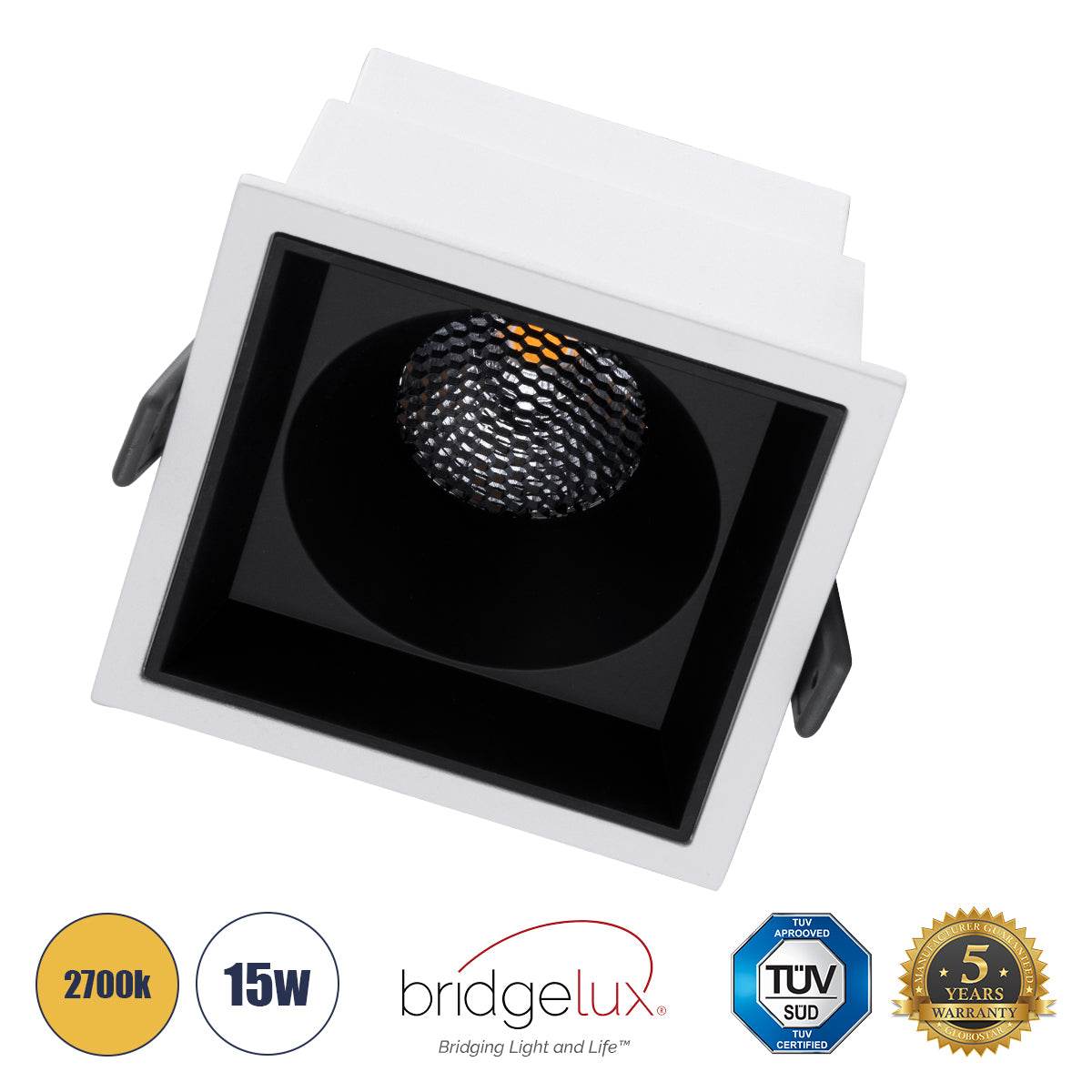 GloboStar® PLUTO-B 60277 Χωνευτό LED Spot Downlight TrimLess Μ10.4xΠ10.4cm 15W 1875lm 38° AC 220-240V IP20 Μ10.4 x Π10.4 x Υ6.5cm - Τετράγωνο - Λευκό με Μαύρο Κάτοπτρο & Anti-Glare HoneyComb - Θερμό Λευκό 2700K - Bridgelux COB - 5 Years Warranty - ledmania.gr