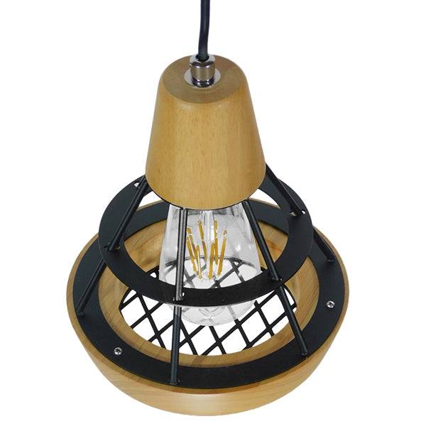 GloboStar® AKRON 10001133 Μοντέρνο Κρεμαστό Φωτιστικό Οροφής Μονόφωτο Μπεζ Ξύλινο με Μεταλλικό Πλέγμα Φ19 x Y22cm - ledmania.gr