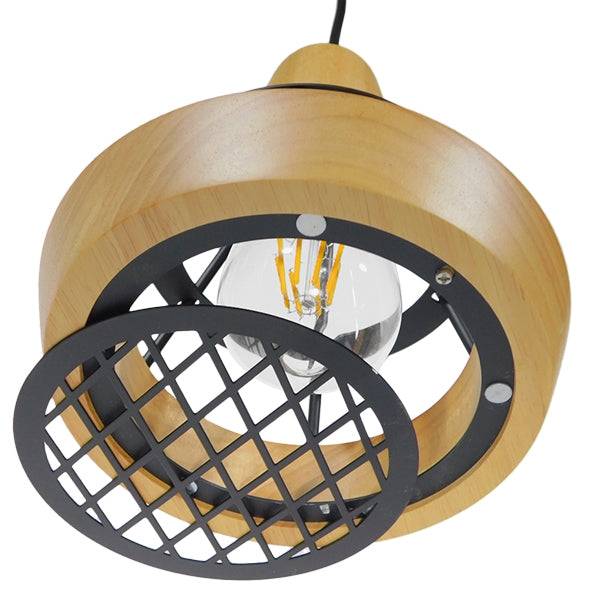 GloboStar® AKRON 10001133 Μοντέρνο Κρεμαστό Φωτιστικό Οροφής Μονόφωτο Μπεζ Ξύλινο με Μεταλλικό Πλέγμα Φ19 x Y22cm - ledmania.gr