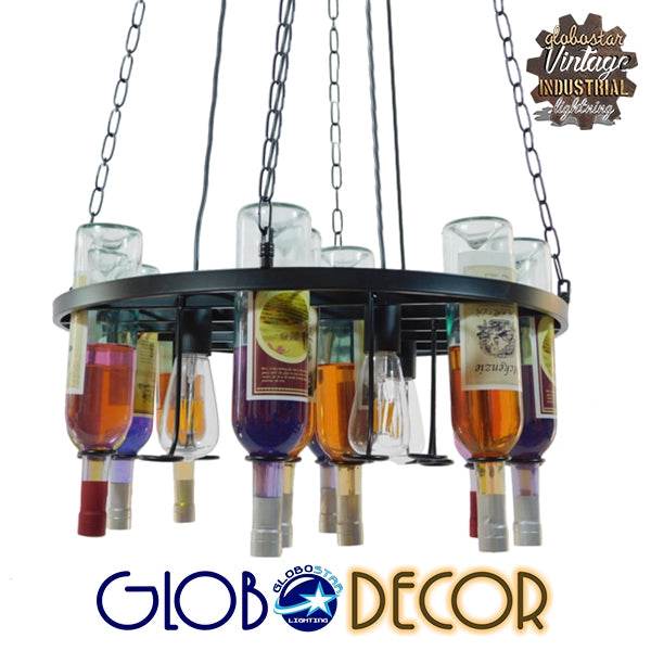 GloboStar® VINEYARD 10001139 Vintage Κρεμαστό Φωτιστικό Οροφής Πολύφωτο Μαύρο Μεταλλικό με Γυάλινα Μπουκάλια Πολυέλαιος Φ60 x Y20cm - ledmania.gr