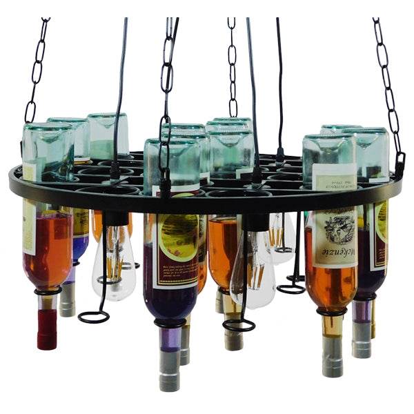 GloboStar® VINEYARD 10001139 Vintage Κρεμαστό Φωτιστικό Οροφής Πολύφωτο Μαύρο Μεταλλικό με Γυάλινα Μπουκάλια Πολυέλαιος Φ60 x Y20cm - ledmania.gr