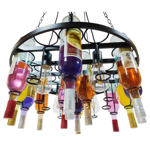 GloboStar® VINEYARD 10001139 Vintage Κρεμαστό Φωτιστικό Οροφής Πολύφωτο Μαύρο Μεταλλικό με Γυάλινα Μπουκάλια Πολυέλαιος Φ60 x Y20cm - ledmania.gr